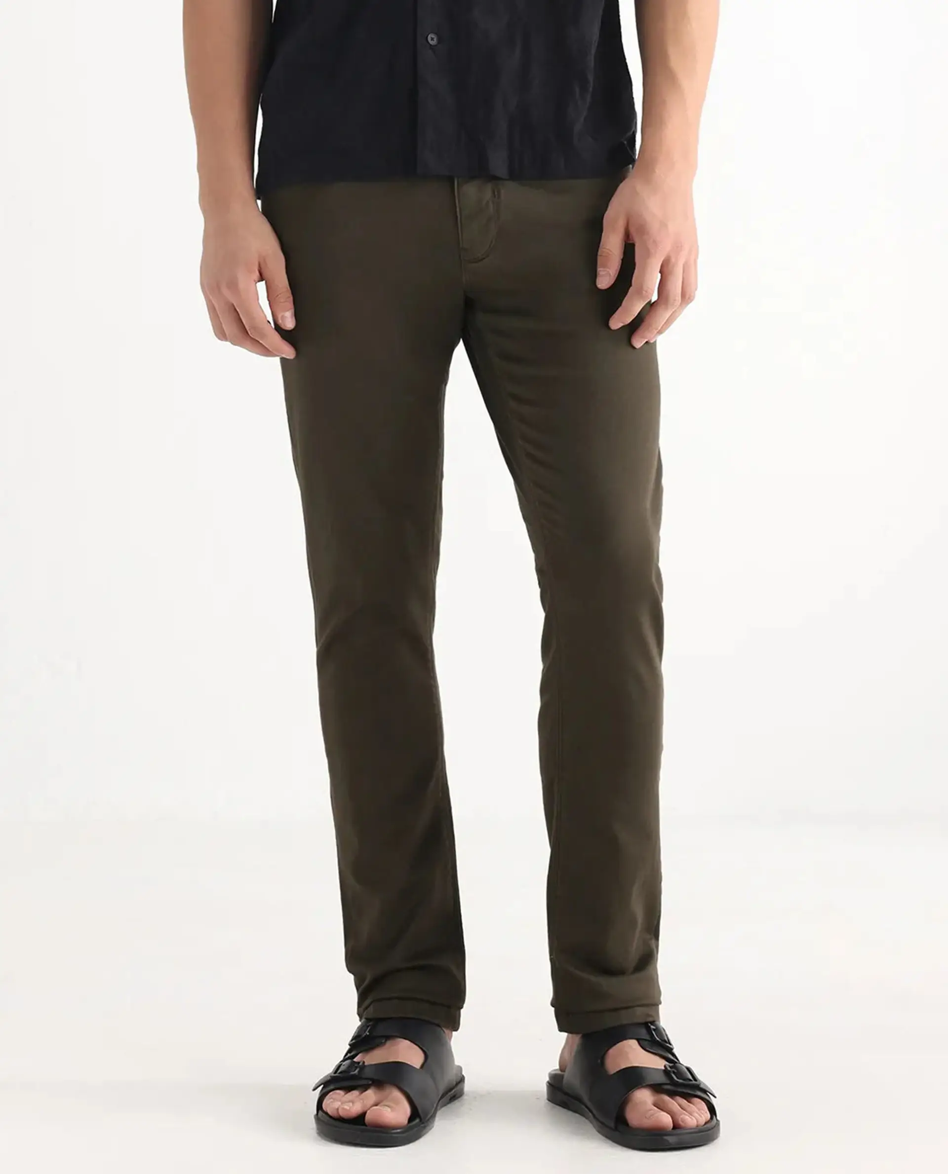 Rare Rabbit Men's Essen Dark Olive Cotton Plain Hawk Slim Fit Jeans - Image 10