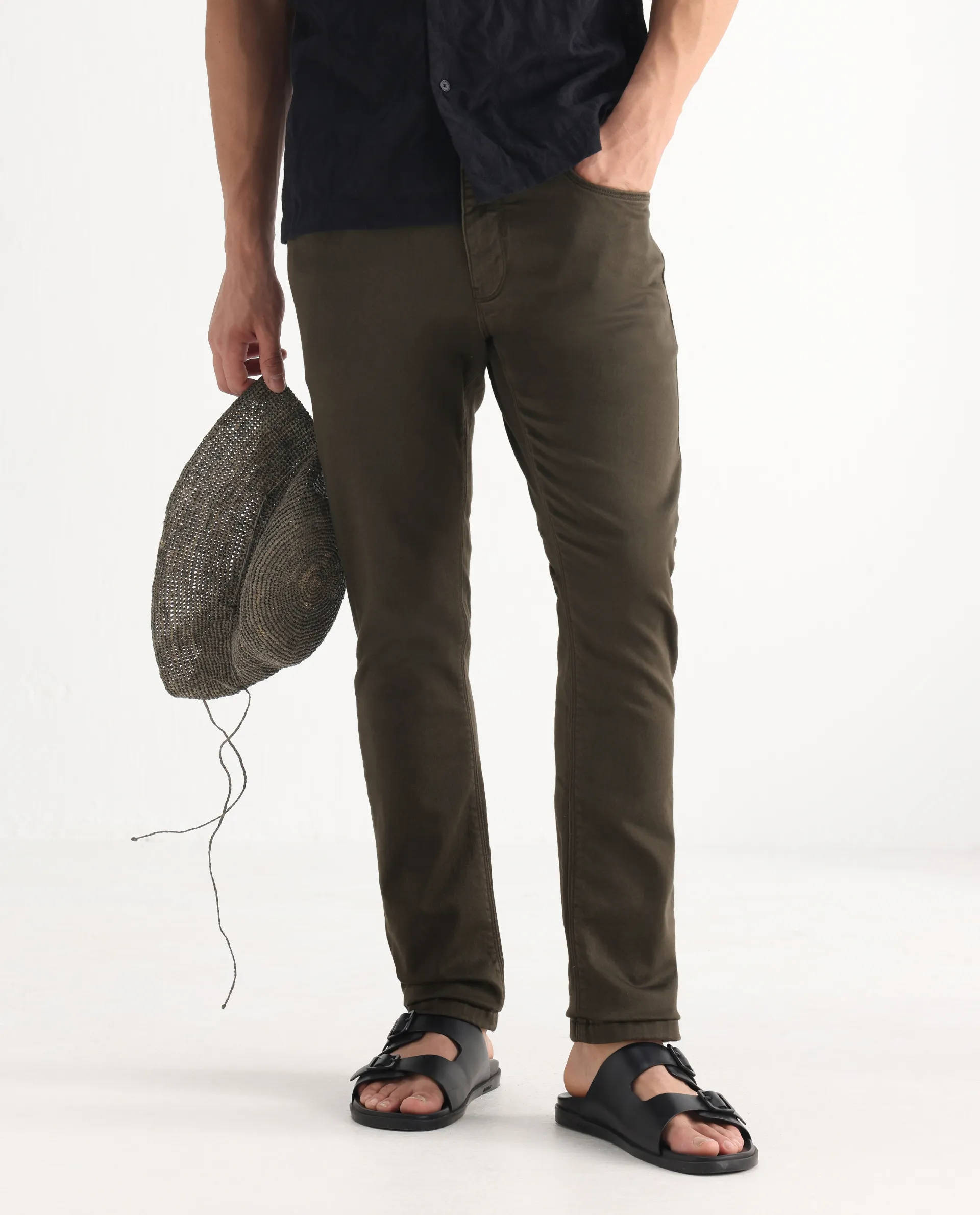 Rare Rabbit Men's Essen Dark Olive Cotton Plain Hawk Slim Fit Jeans - Image 2