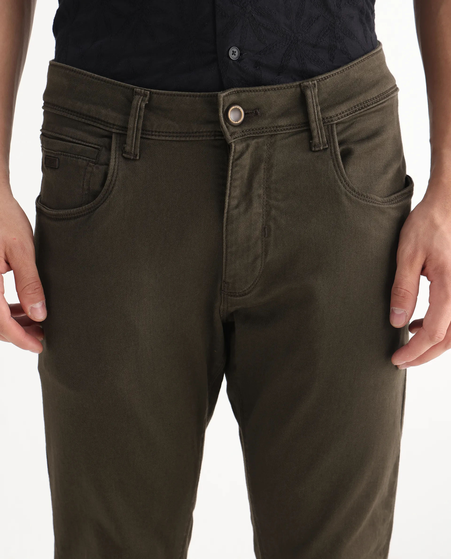Rare Rabbit Men's Essen Dark Olive Cotton Plain Hawk Slim Fit Jeans - Image 6