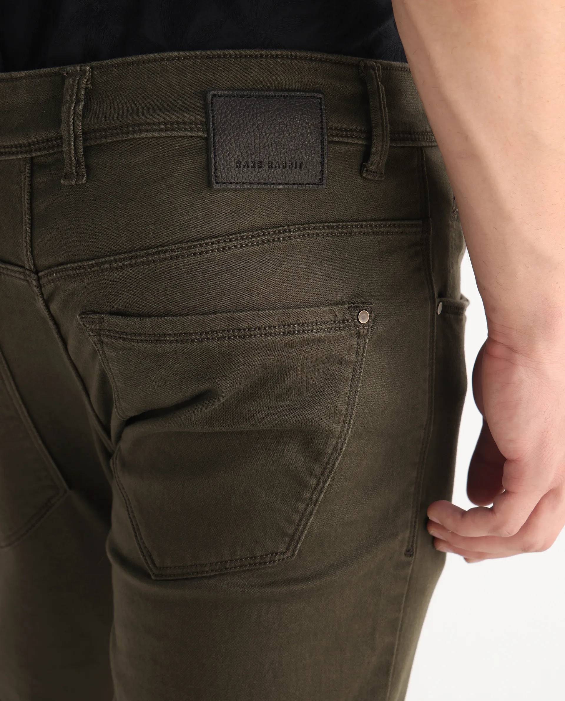 Rare Rabbit Men's Essen Dark Olive Cotton Plain Hawk Slim Fit Jeans - Image 8