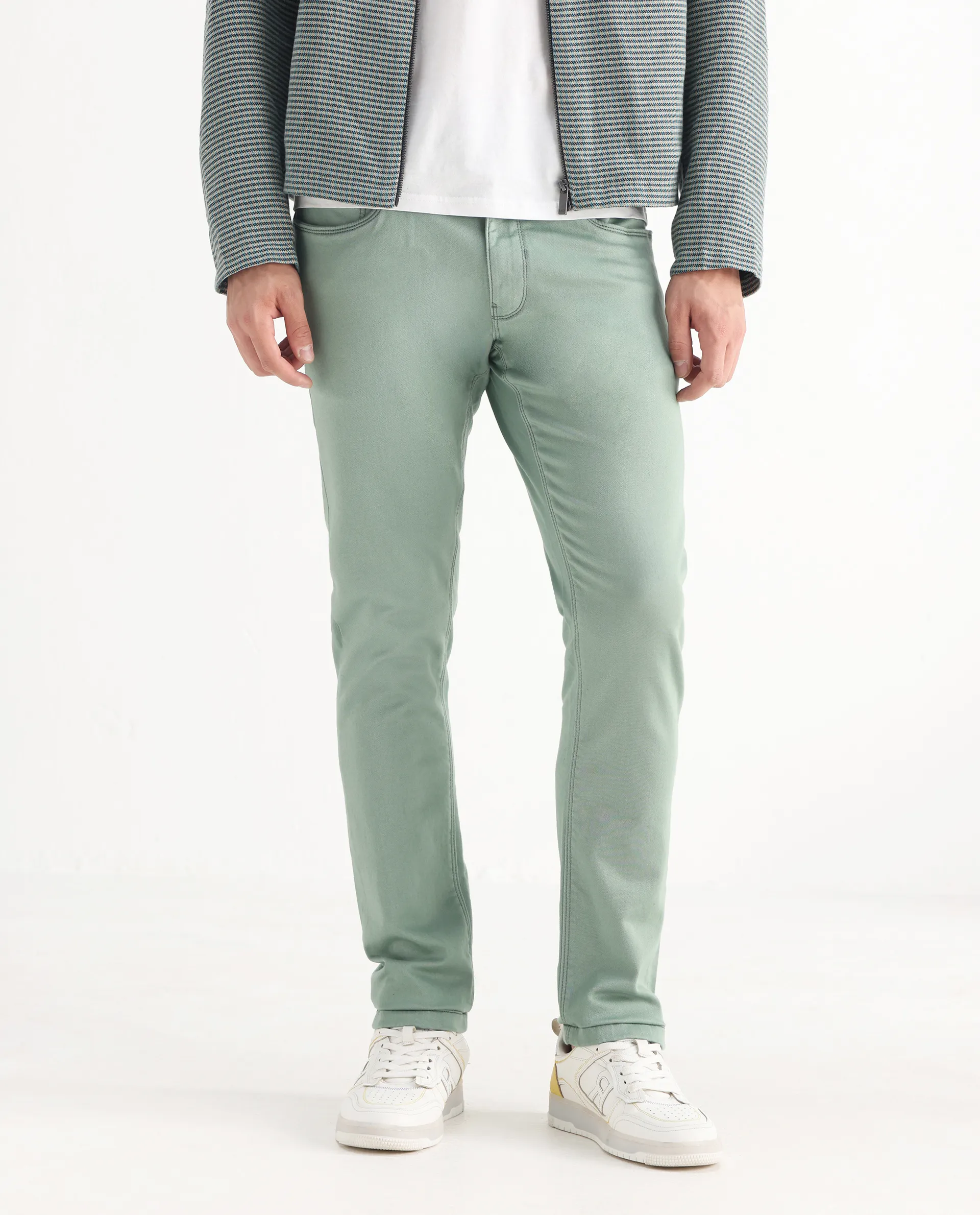 Rare Rabbit Men's Essen Light Green Cotton Plain Hawk Slim Fit Jeans - Image 2