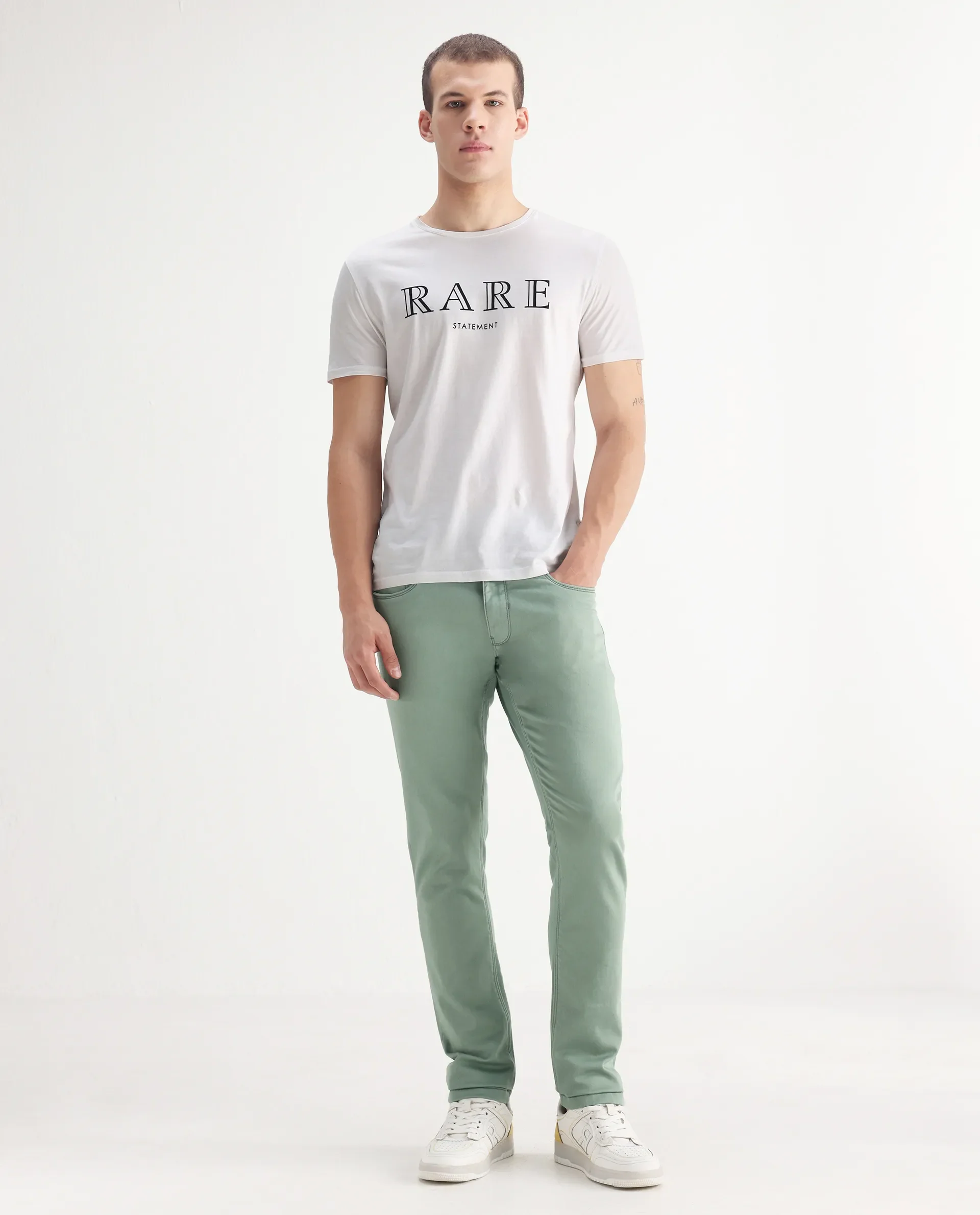 Rare Rabbit Men's Essen Light Green Cotton Plain Hawk Slim Fit Jeans - Image 3