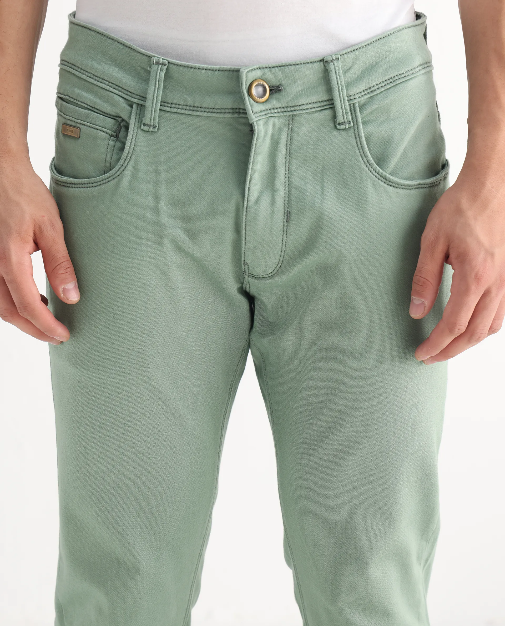Rare Rabbit Men's Essen Light Green Cotton Plain Hawk Slim Fit Jeans - Image 4