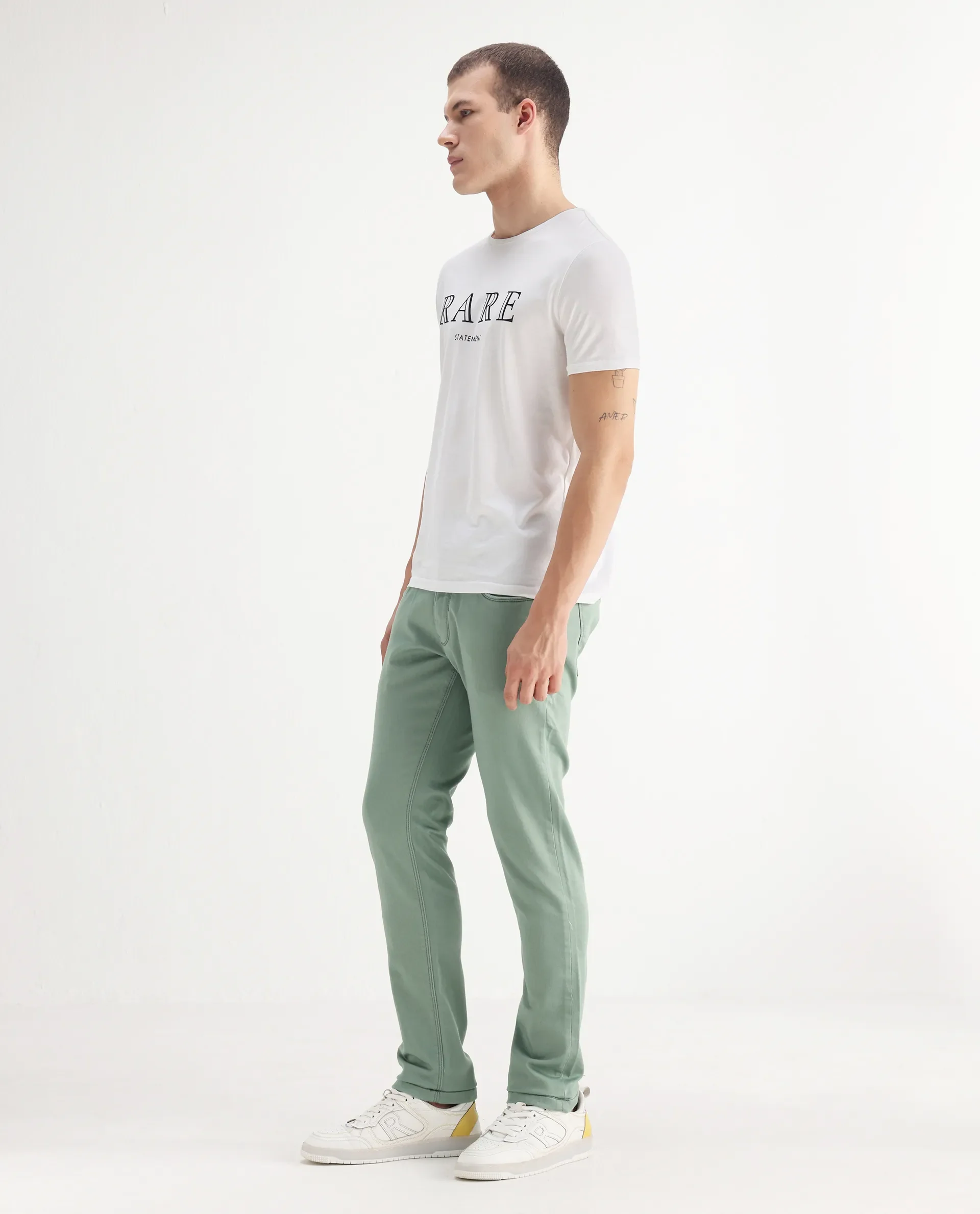 Rare Rabbit Men's Essen Light Green Cotton Plain Hawk Slim Fit Jeans - Image 5