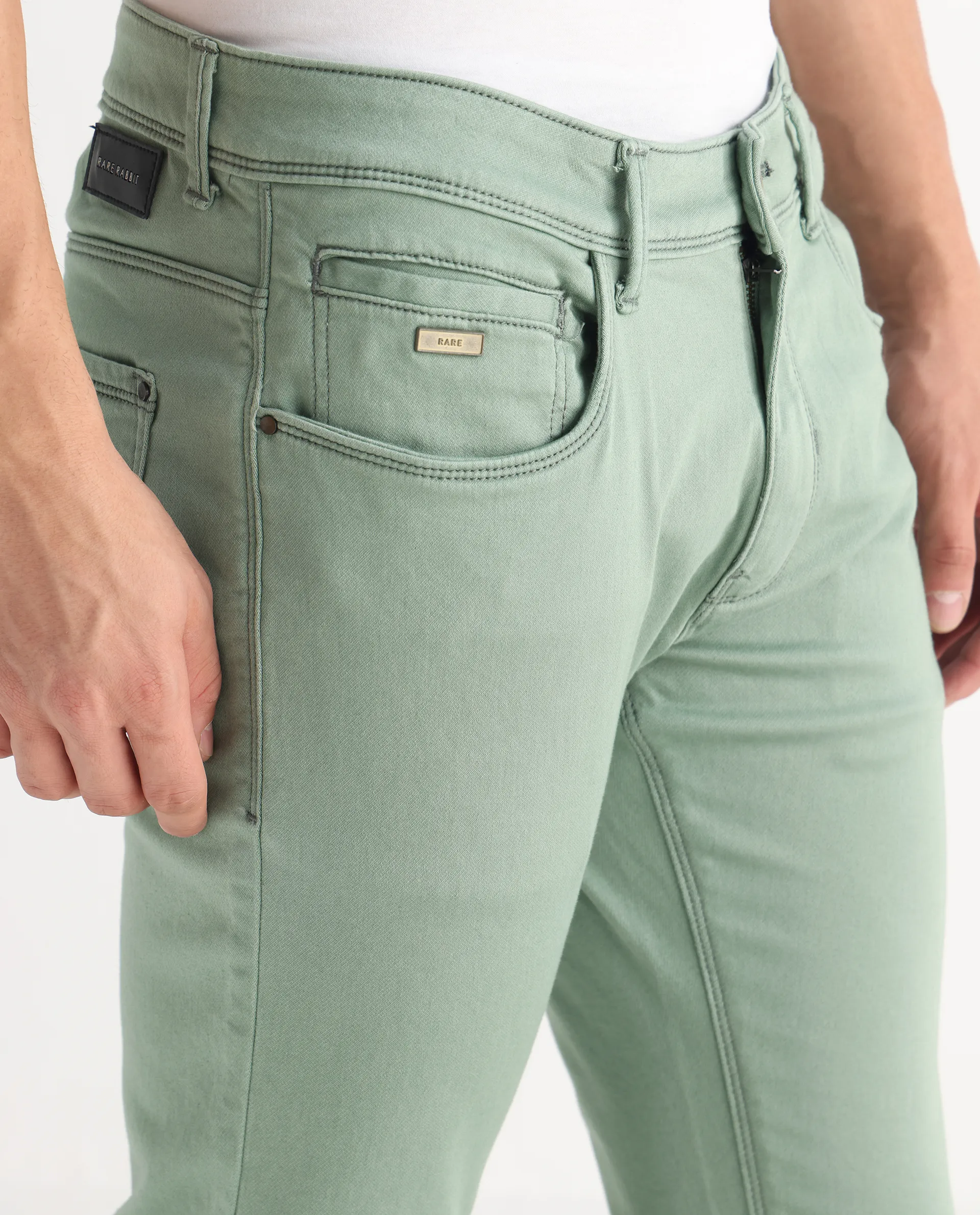 Rare Rabbit Men's Essen Light Green Cotton Plain Hawk Slim Fit Jeans - Image 6
