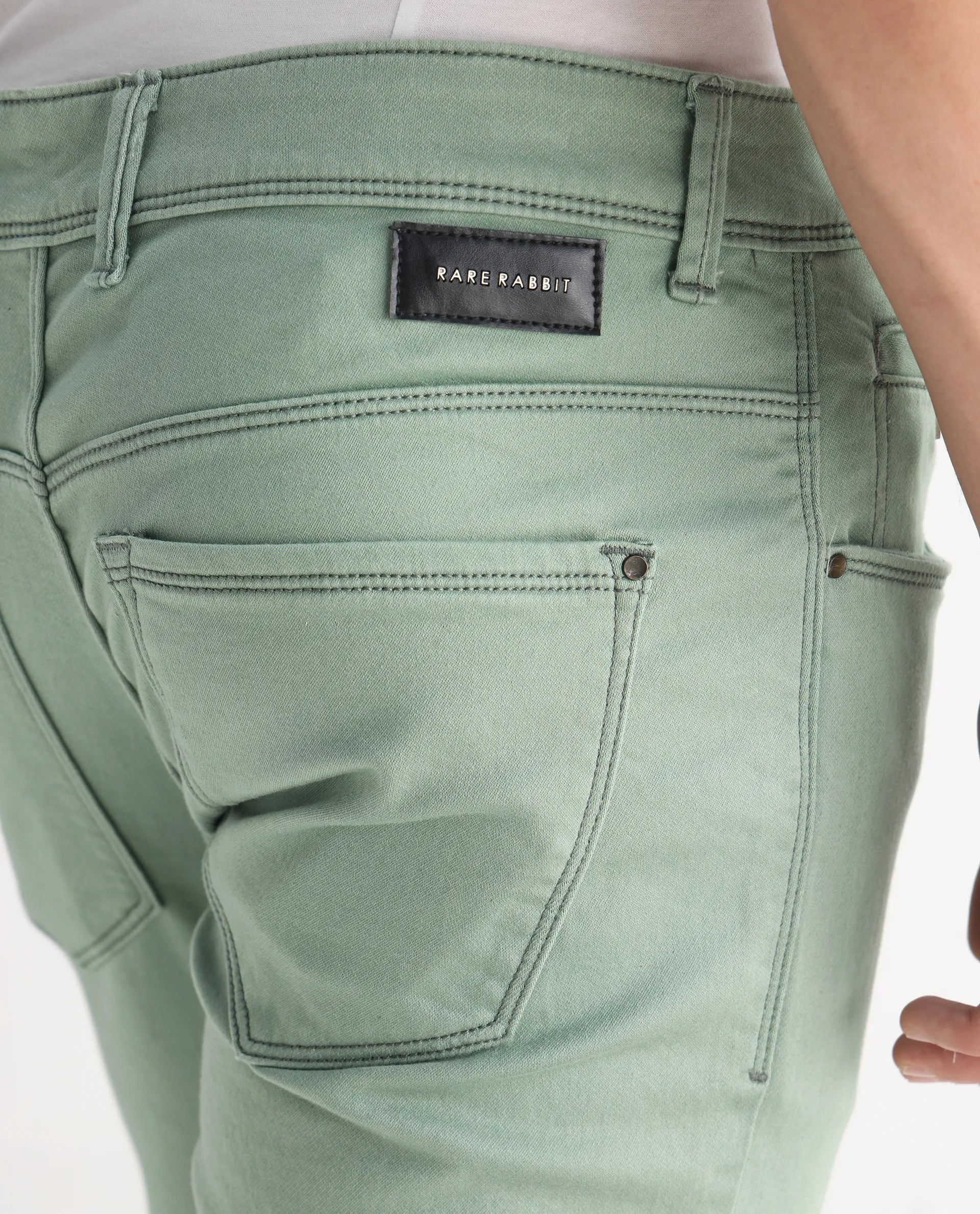 Rare Rabbit Men's Essen Light Green Cotton Plain Hawk Slim Fit Jeans - Image 8