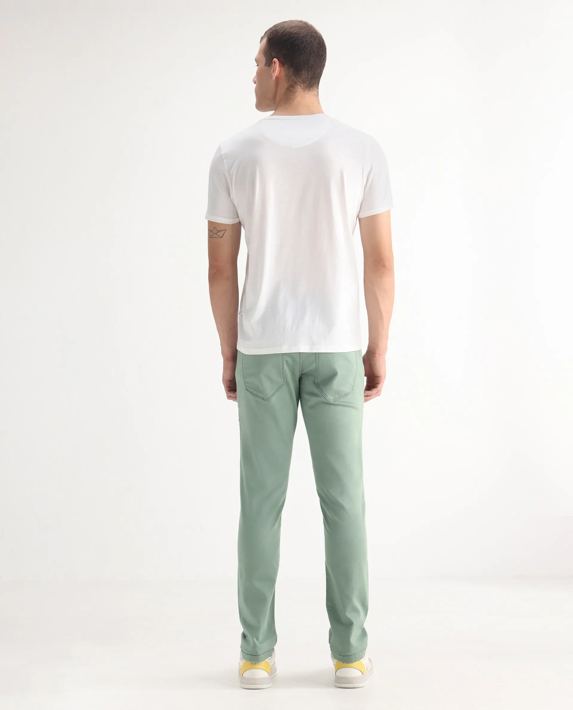 Rare Rabbit Men's Essen Light Green Cotton Plain Hawk Slim Fit Jeans - Image 9
