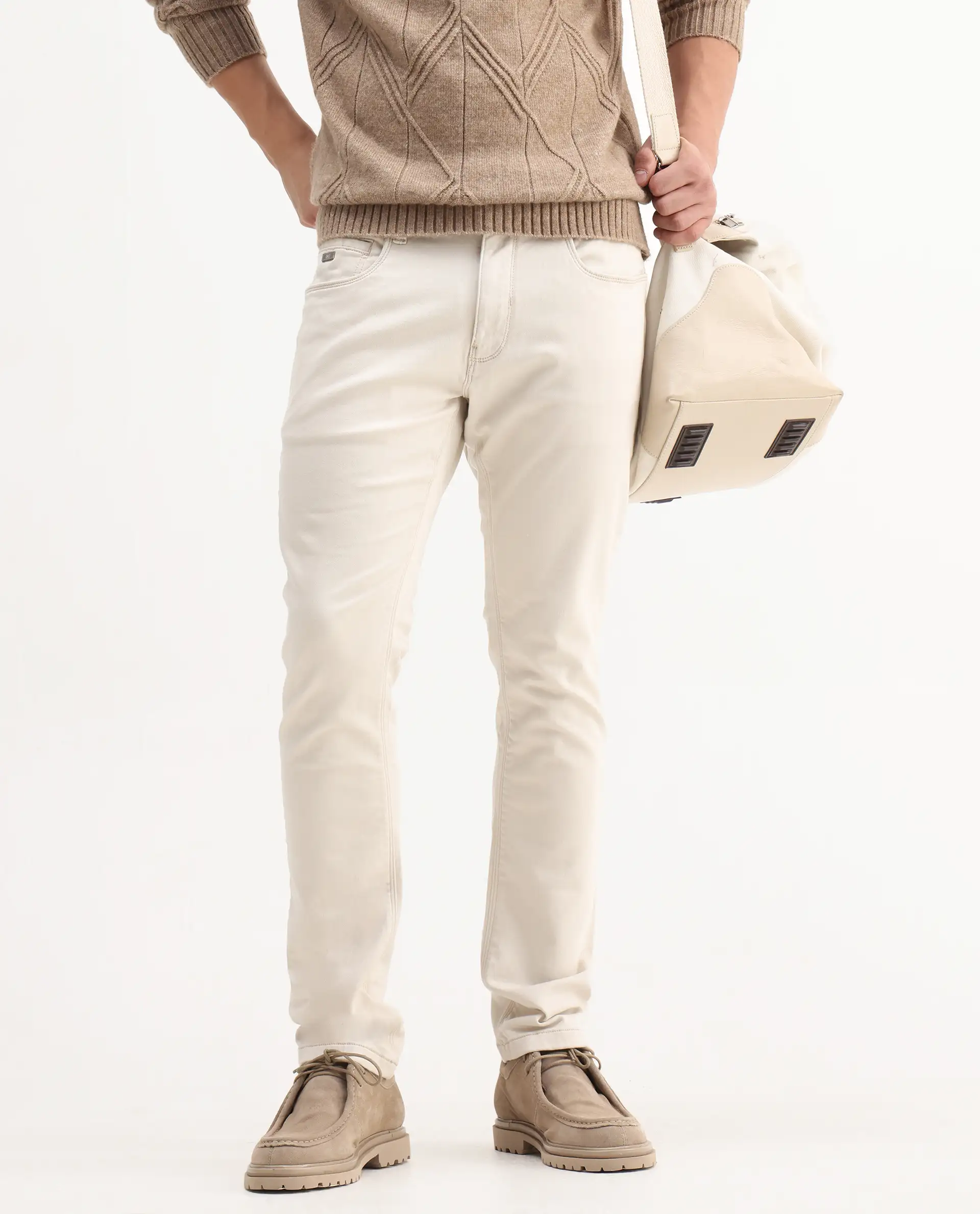 Rare Rabbit Men's Essen Off White Cotton Plain Hawk Slim Fit Jeans - Image 2