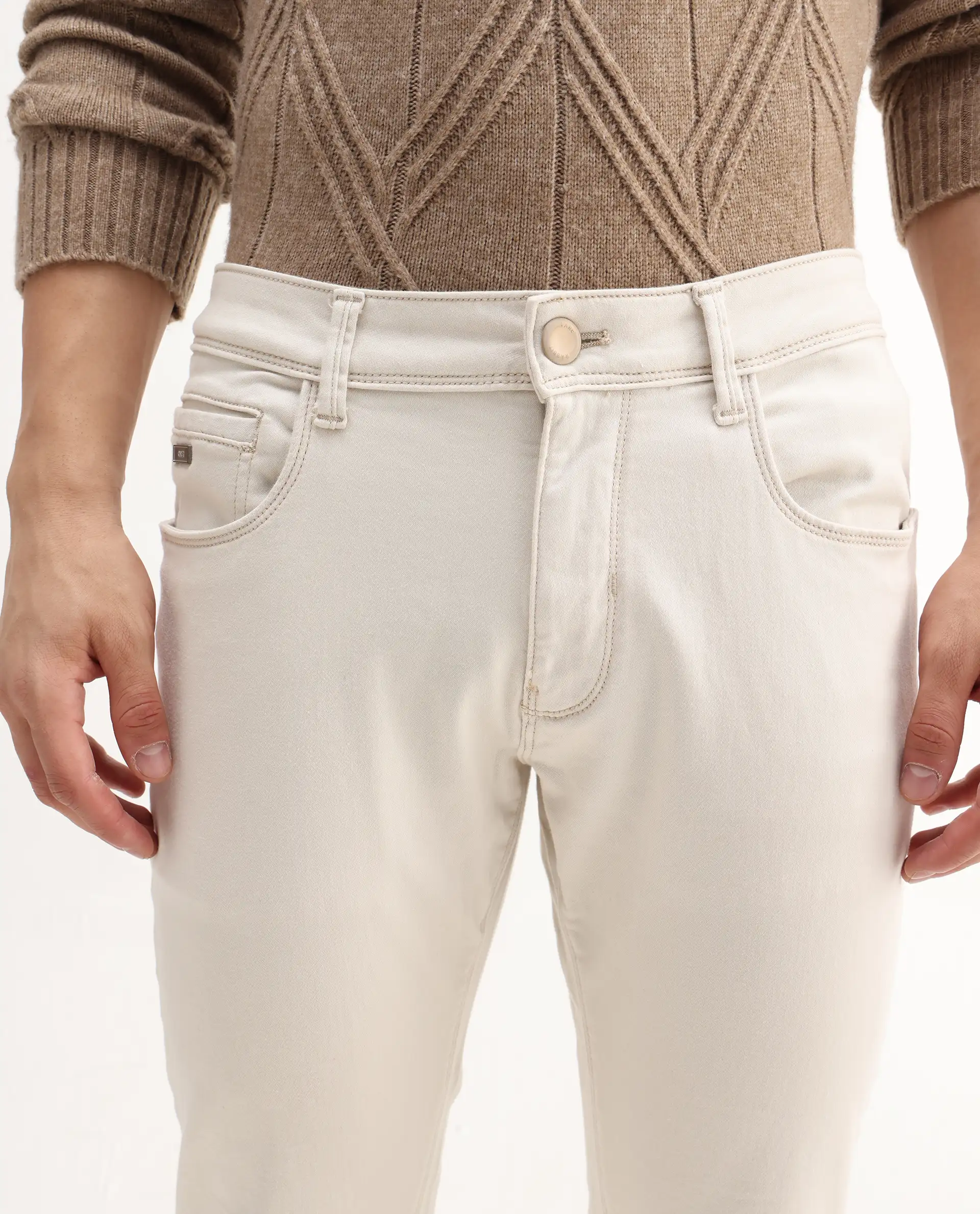 Rare Rabbit Men's Essen Off White Cotton Plain Hawk Slim Fit Jeans - Image 3