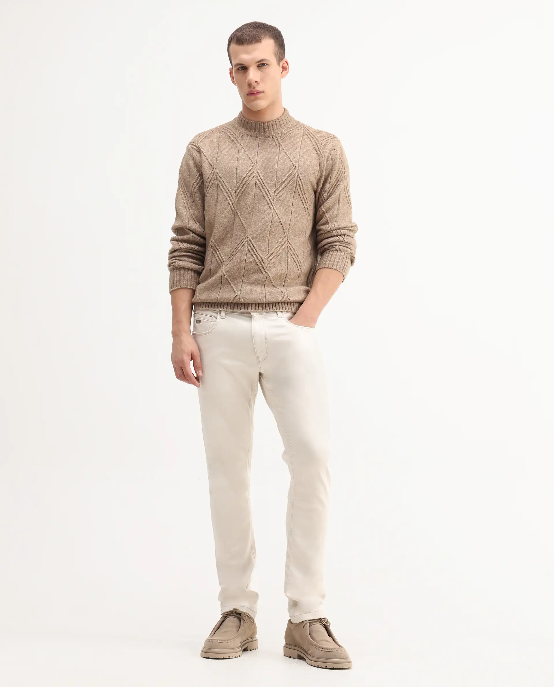 Rare Rabbit Men's Essen Off White Cotton Plain Hawk Slim Fit Jeans - Image 4