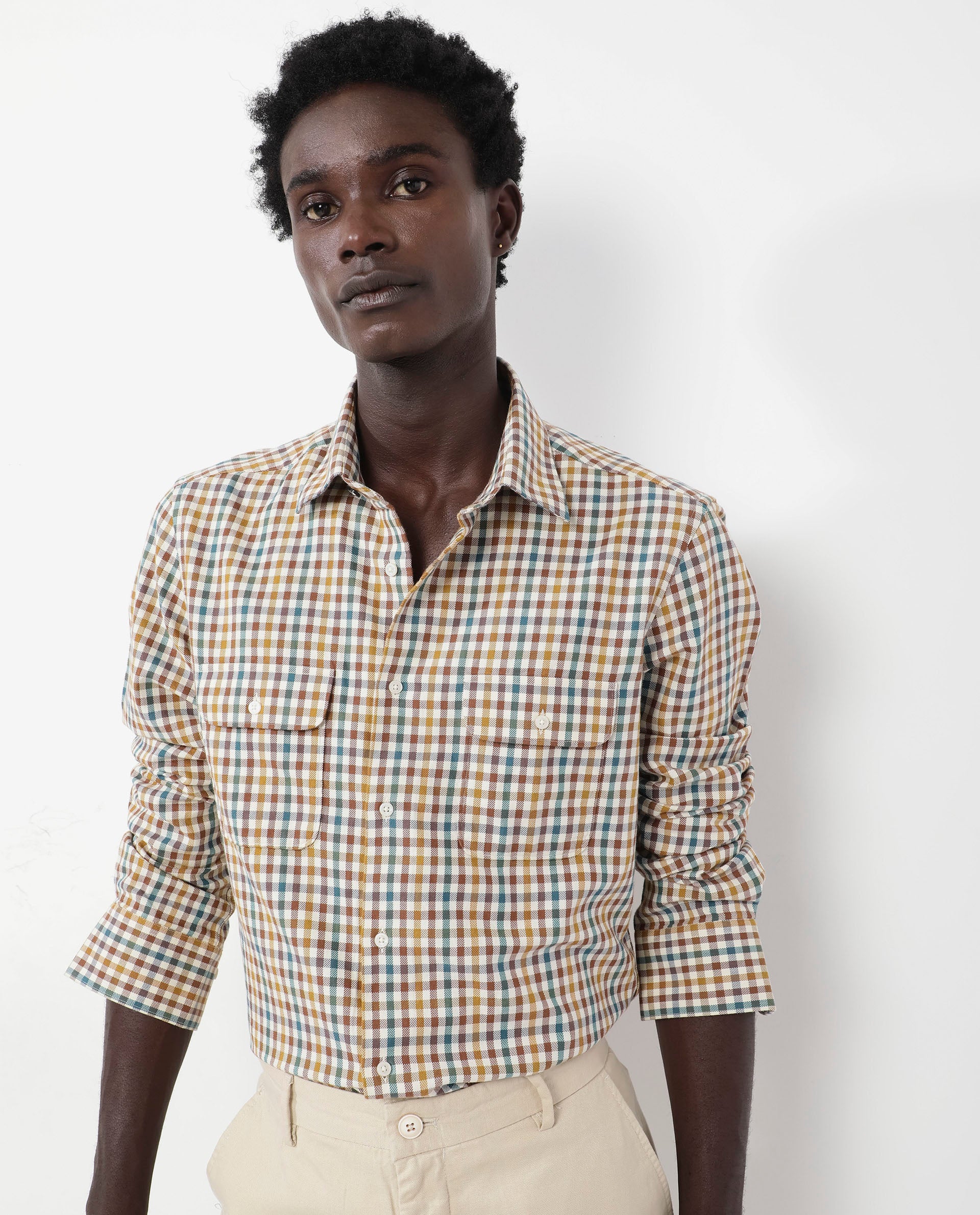 Rare Rabbit Men's Essen Mustard Cotton Checked Print Regular Fit Full Sleeve Collared Shirt - Image 4