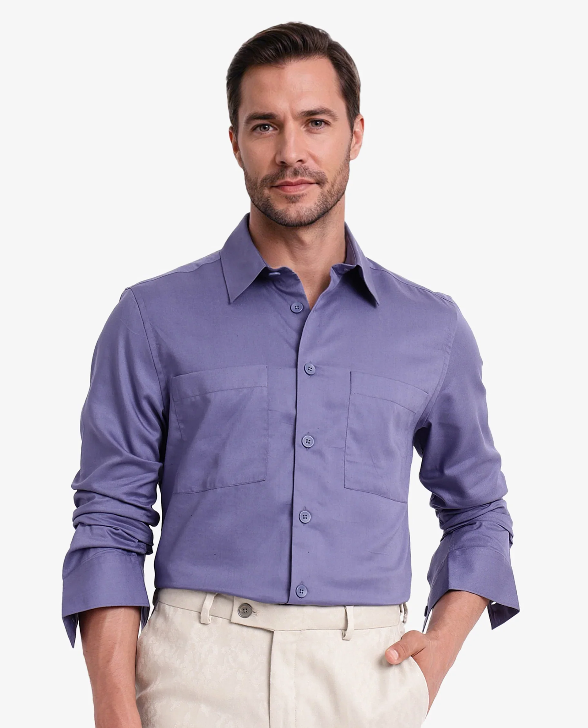 Rare Rabbit Men's Esso Dusky Blue Cotton Blend Plain Boxy Fit Full Sleeve Collared Shirt