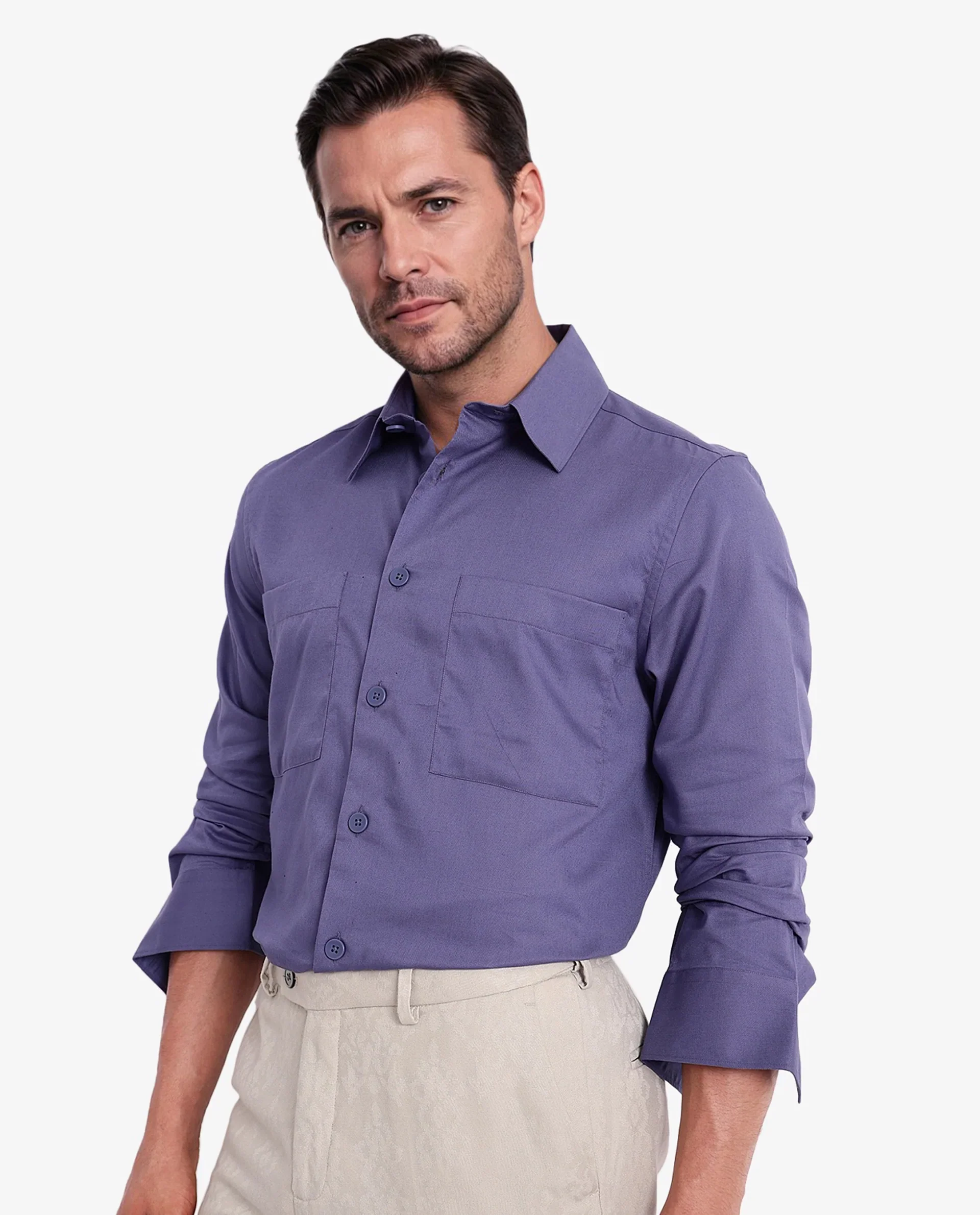 Rare Rabbit Men's Esso Dusky Blue Cotton Blend Plain Boxy Fit Full Sleeve Collared Shirt - Image 5