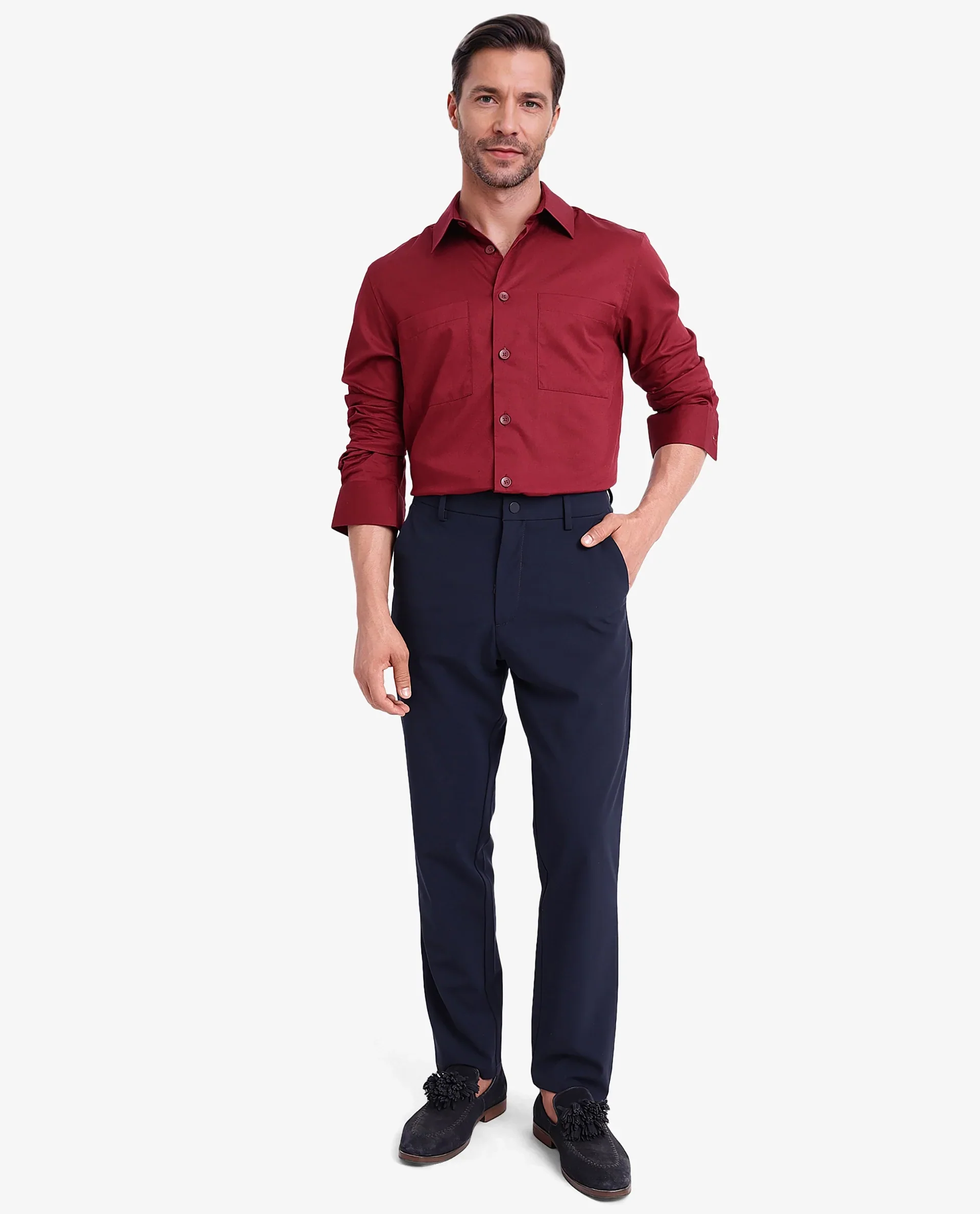 Rare Rabbit Men's Esso Maroon Cotton Blend Plain Boxy Fit Full Sleeve Collared Shirt - Image 2
