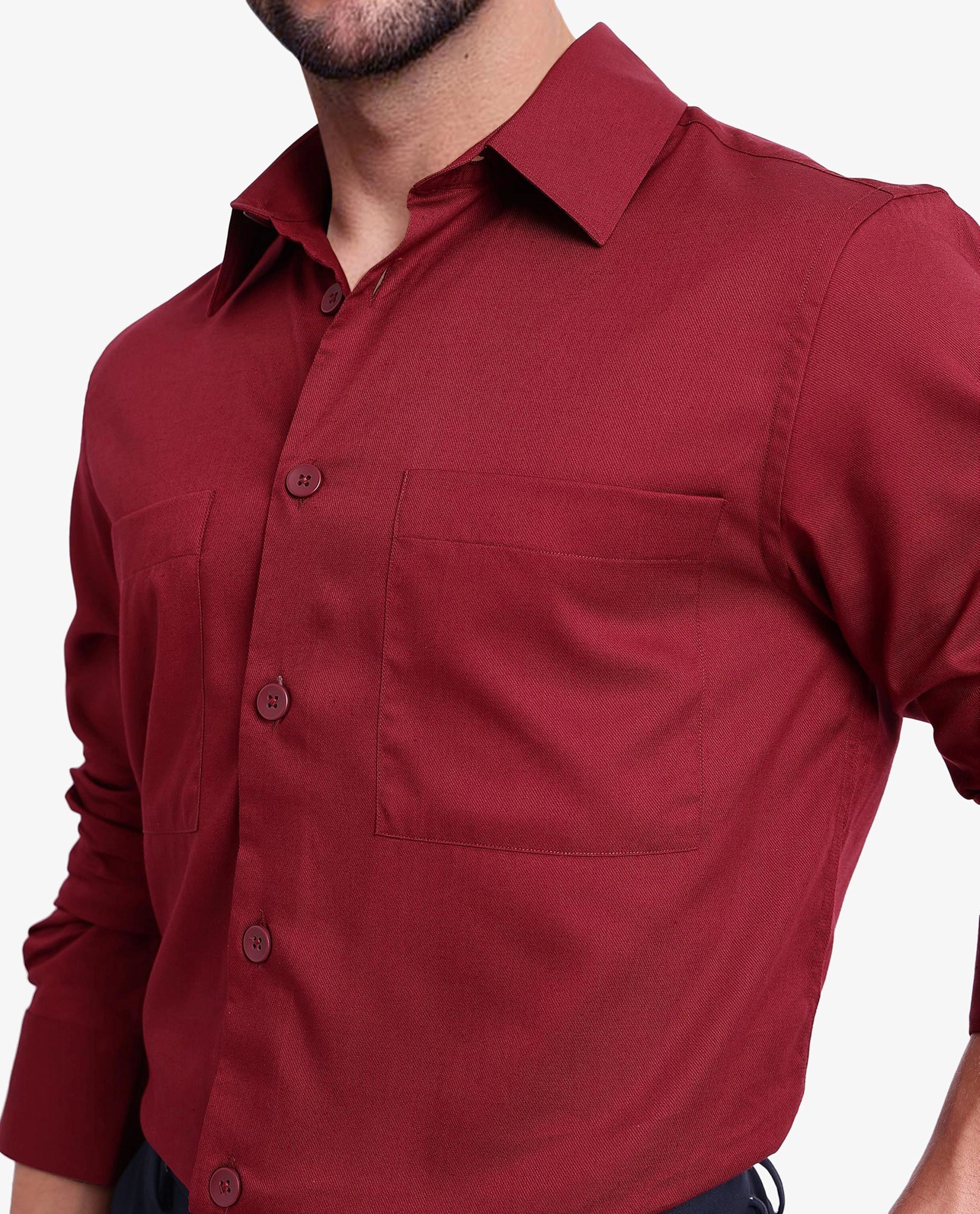 Rare Rabbit Men's Esso Maroon Cotton Blend Plain Boxy Fit Full Sleeve Collared Shirt - Image 3