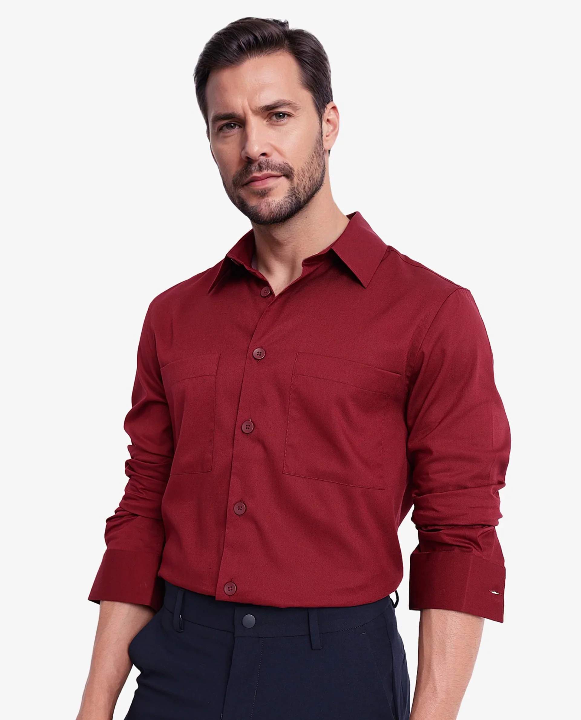 Rare Rabbit Men's Esso Maroon Cotton Blend Plain Boxy Fit Full Sleeve Collared Shirt - Image 5