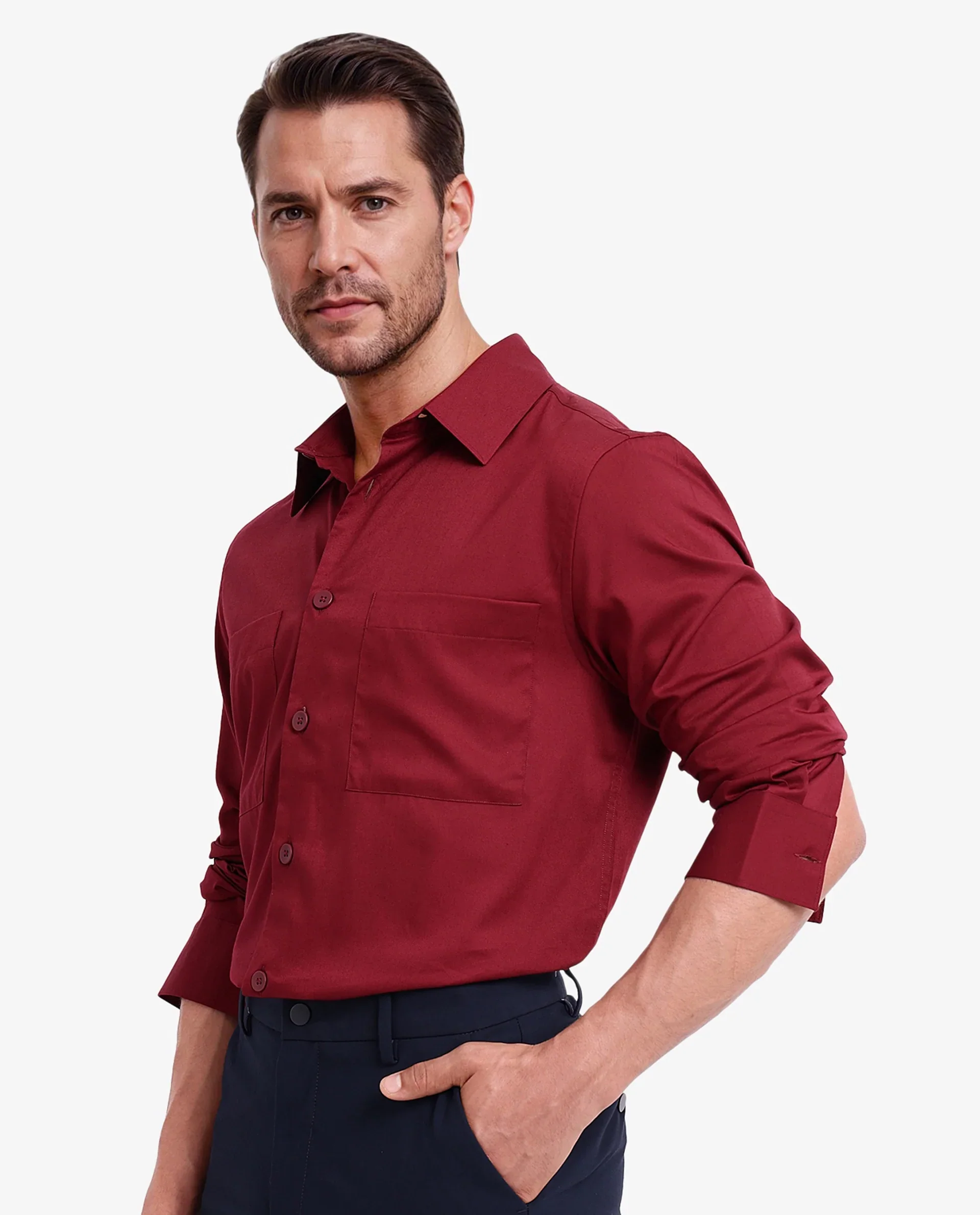 Rare Rabbit Men's Esso Maroon Cotton Blend Plain Boxy Fit Full Sleeve Collared Shirt - Image 8