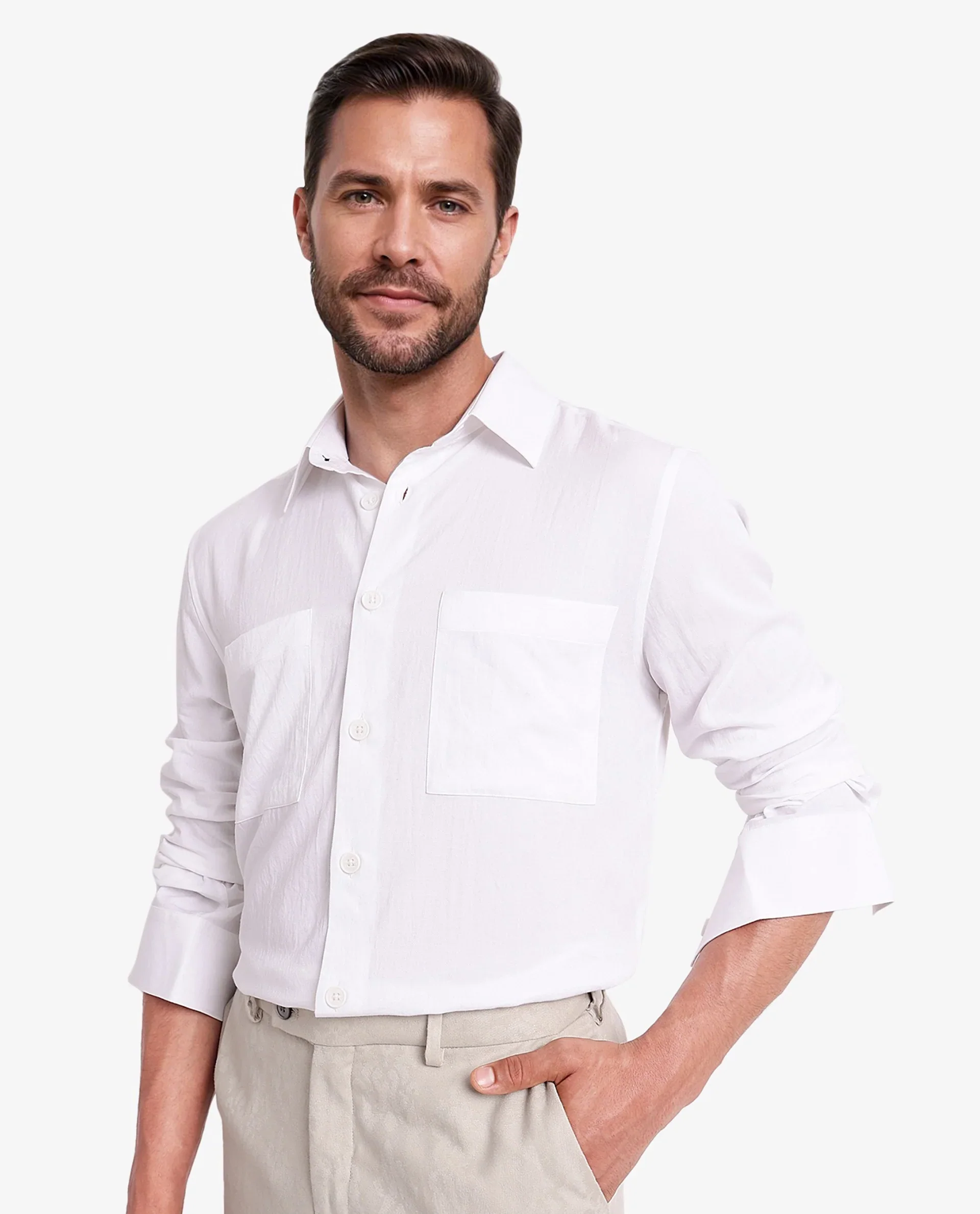 Rare Rabbit Men's Esso White Cotton Blend Plain Boxy Fit Full Sleeve Collared Shirt - Image 4