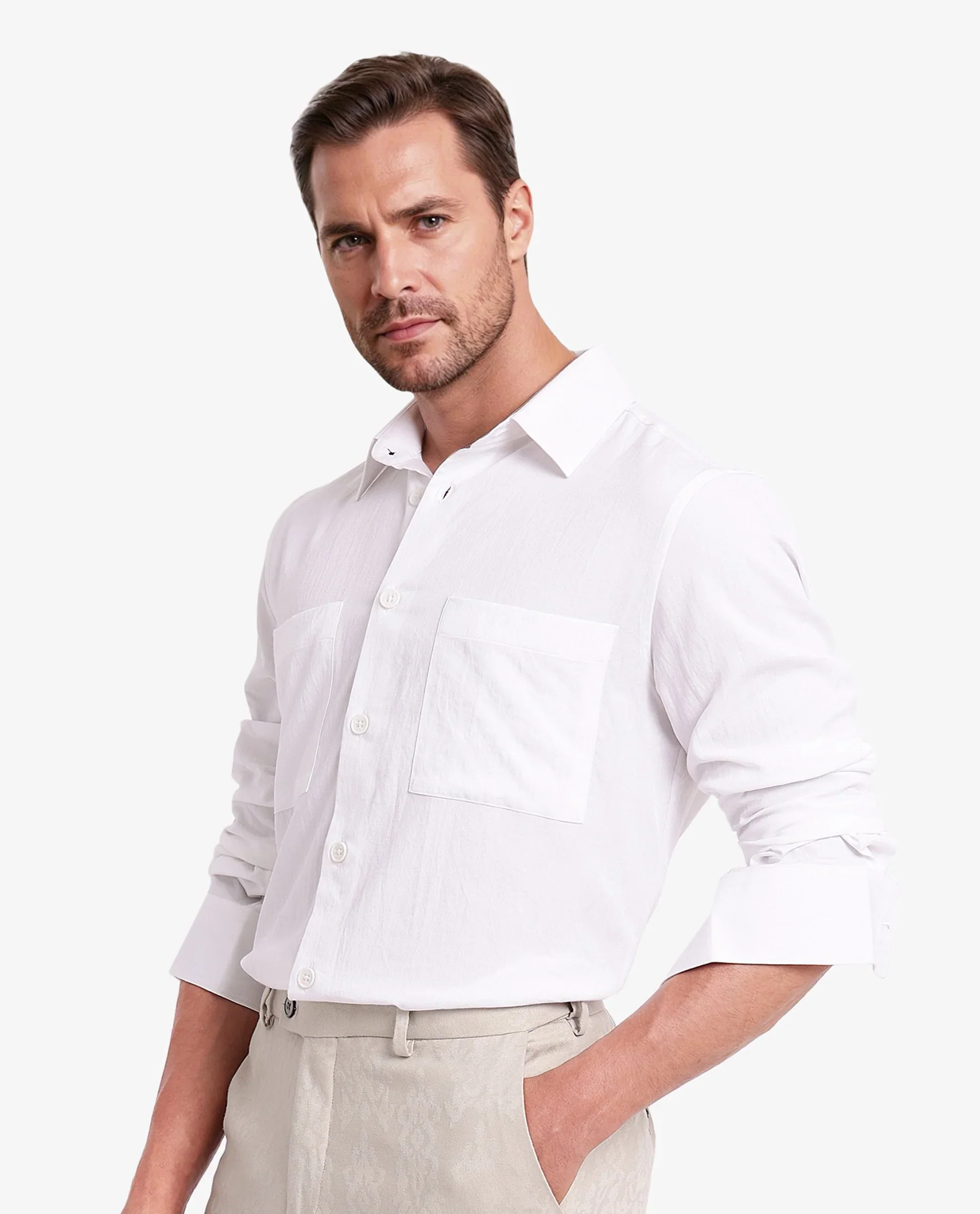 Rare Rabbit Men's Esso White Cotton Blend Plain Boxy Fit Full Sleeve Collared Shirt - Image 7