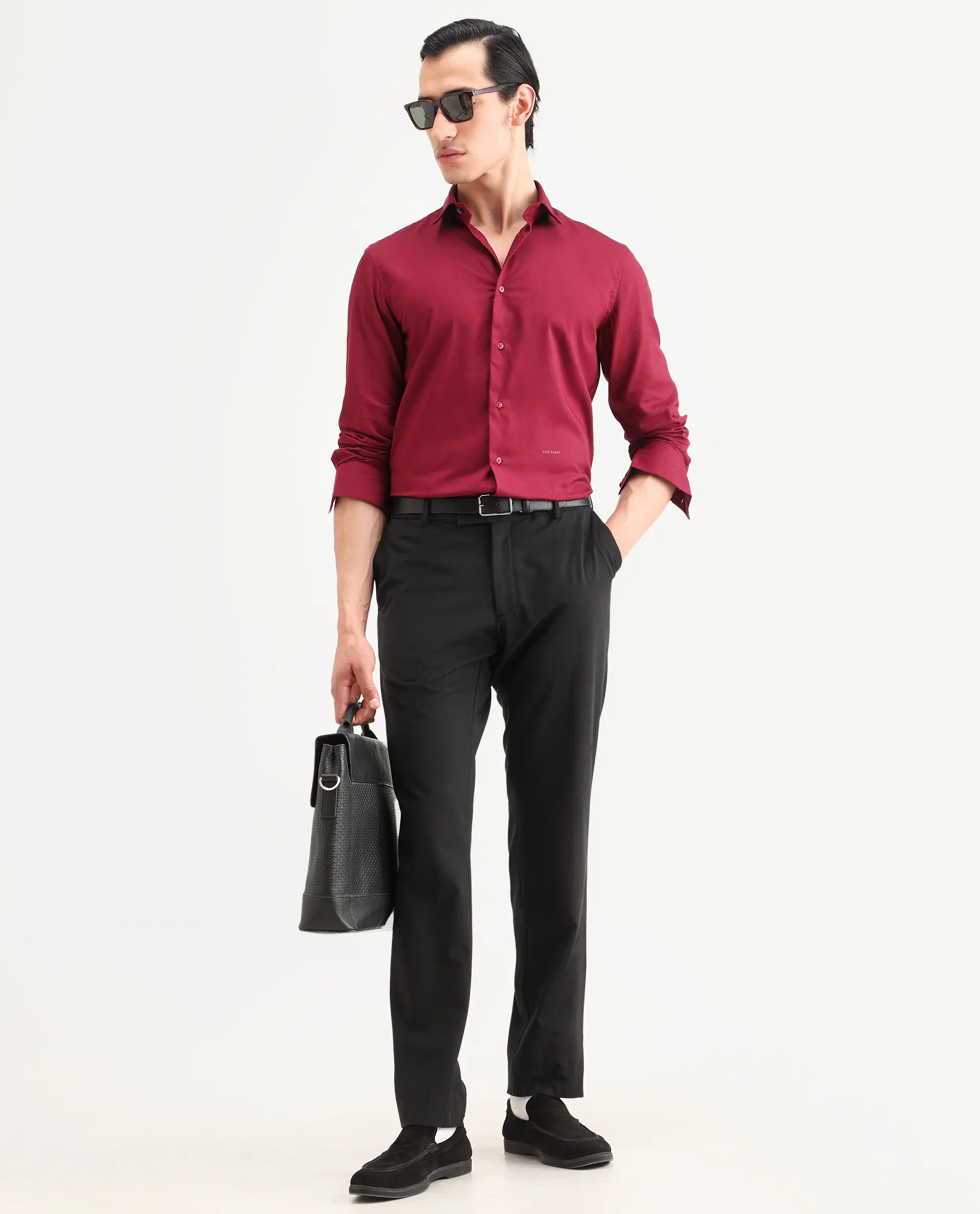 Rare Rabbit Men's Essonn Dark Red Cotton Blend Fabric Full Sleeve Spread Collar Regular Fit Plain Shirt - Image 2