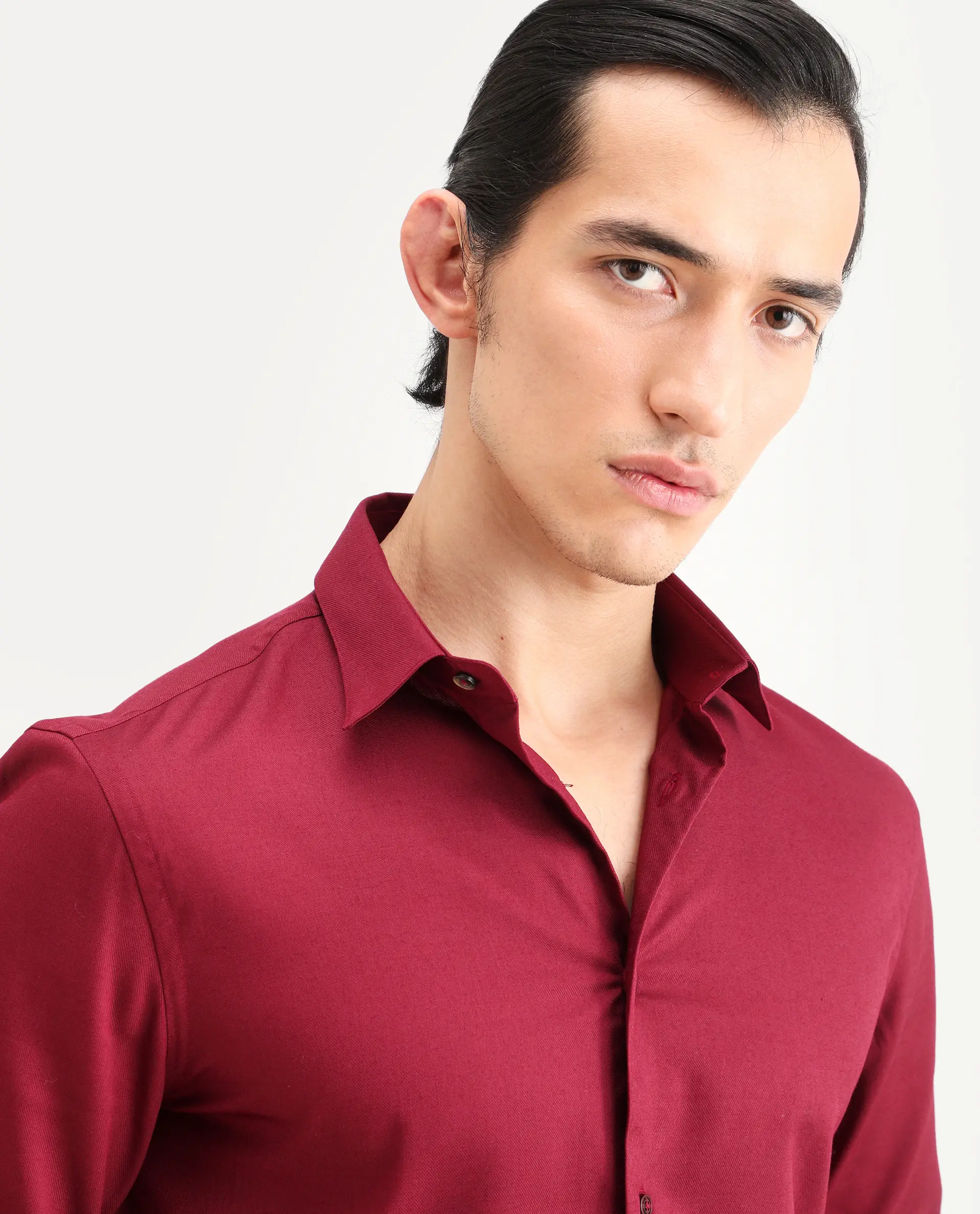 Rare Rabbit Men's Essonn Dark Red Cotton Blend Fabric Full Sleeve Spread Collar Regular Fit Plain Shirt - Image 3