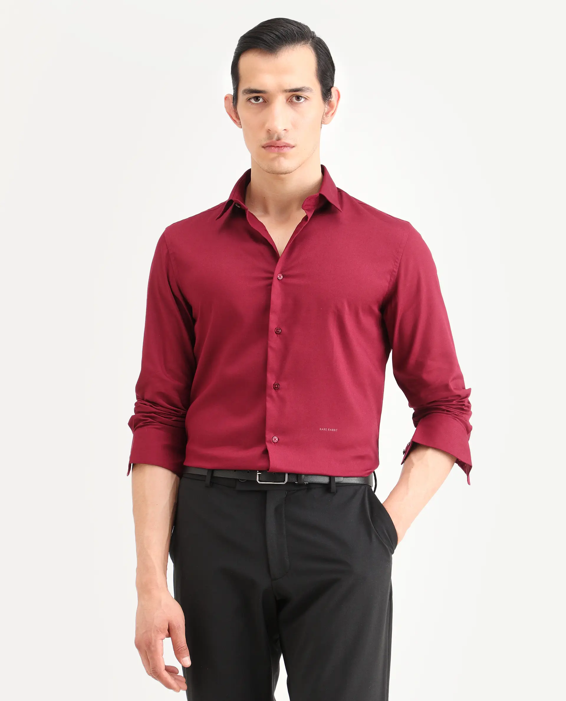 Rare Rabbit Men's Essonn Dark Red Cotton Blend Fabric Full Sleeve Spread Collar Regular Fit Plain Shirt - Image 4