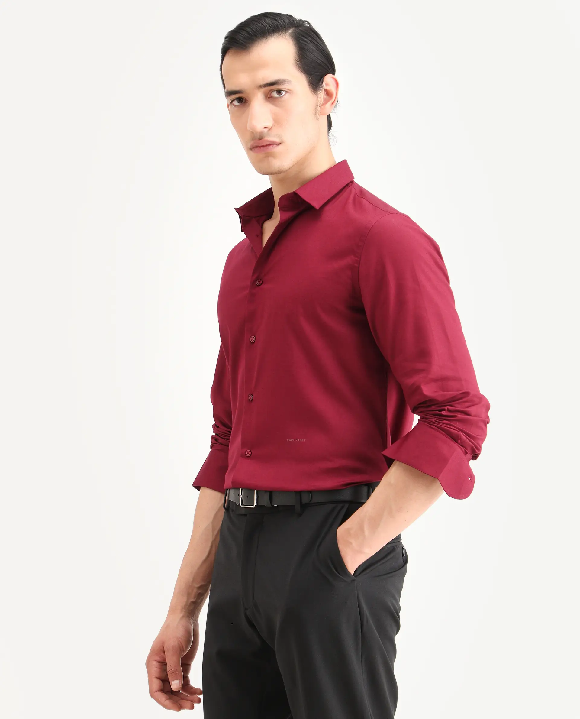 Rare Rabbit Men's Essonn Dark Red Cotton Blend Fabric Full Sleeve Spread Collar Regular Fit Plain Shirt - Image 5