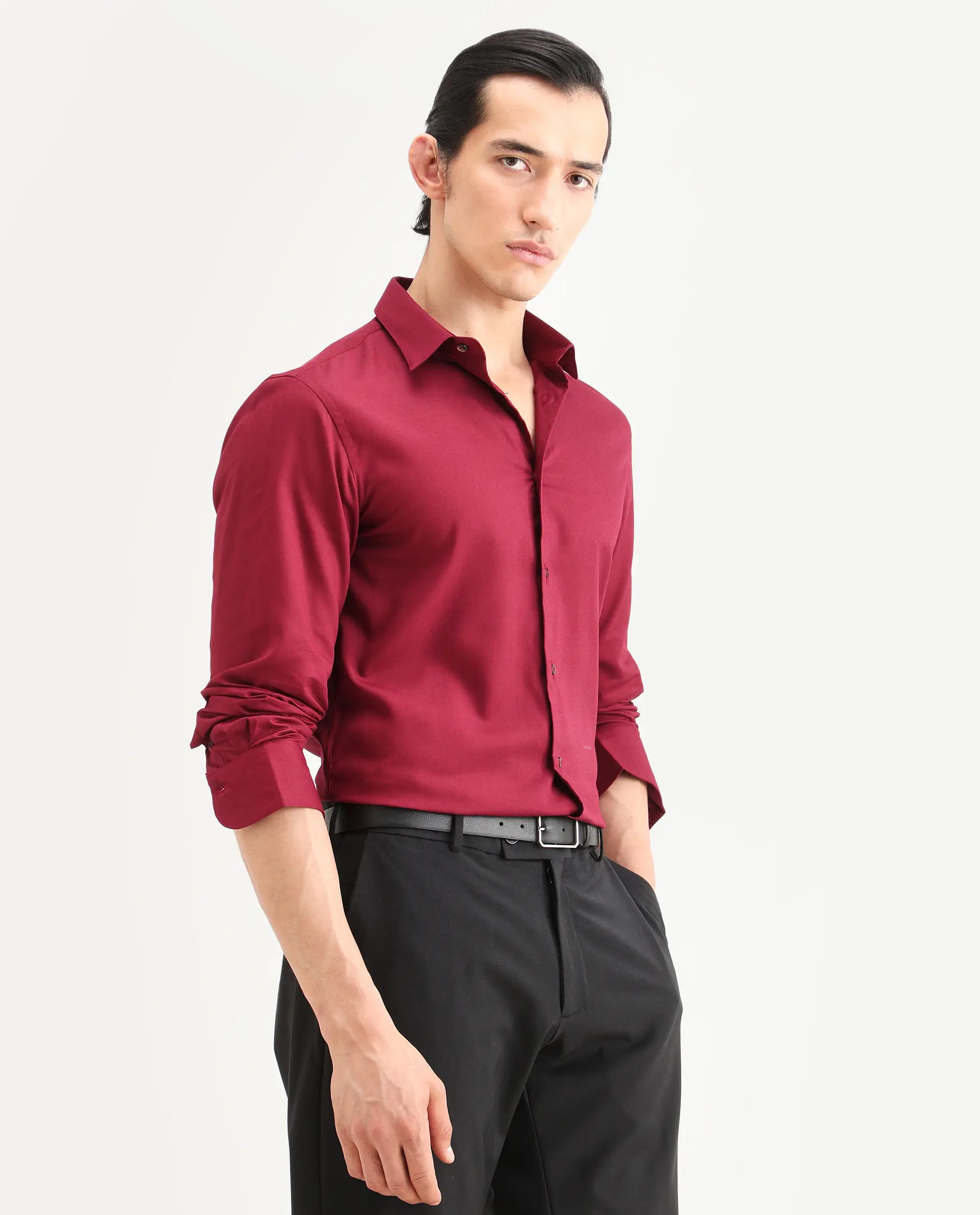 Rare Rabbit Men's Essonn Dark Red Cotton Blend Fabric Full Sleeve Spread Collar Regular Fit Plain Shirt - Image 6