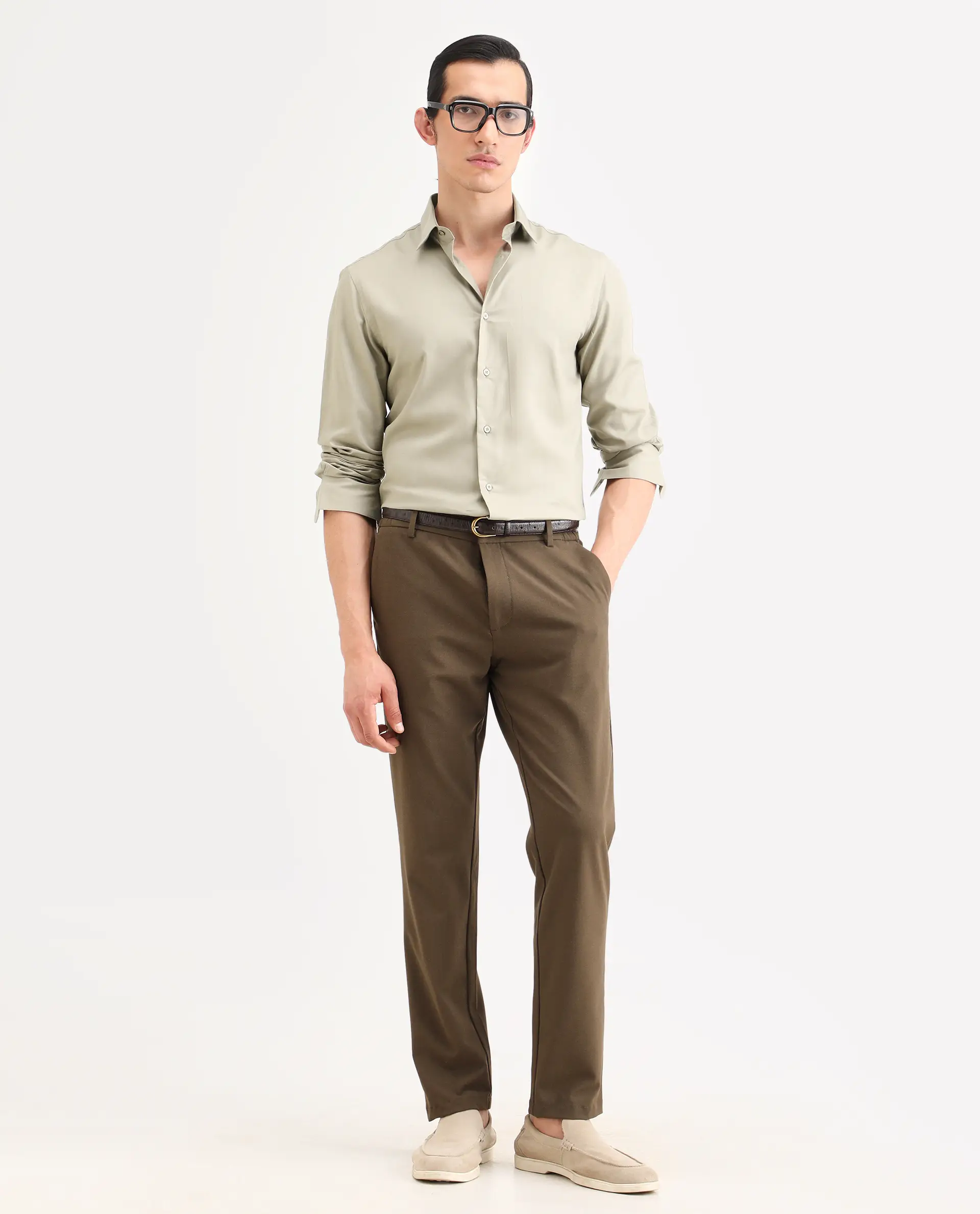 Rare Rabbit Men's Essonn Khaki Cotton Blend Fabric Full Sleeve Spread Collar Regular Fit Plain Shirt - Image 2