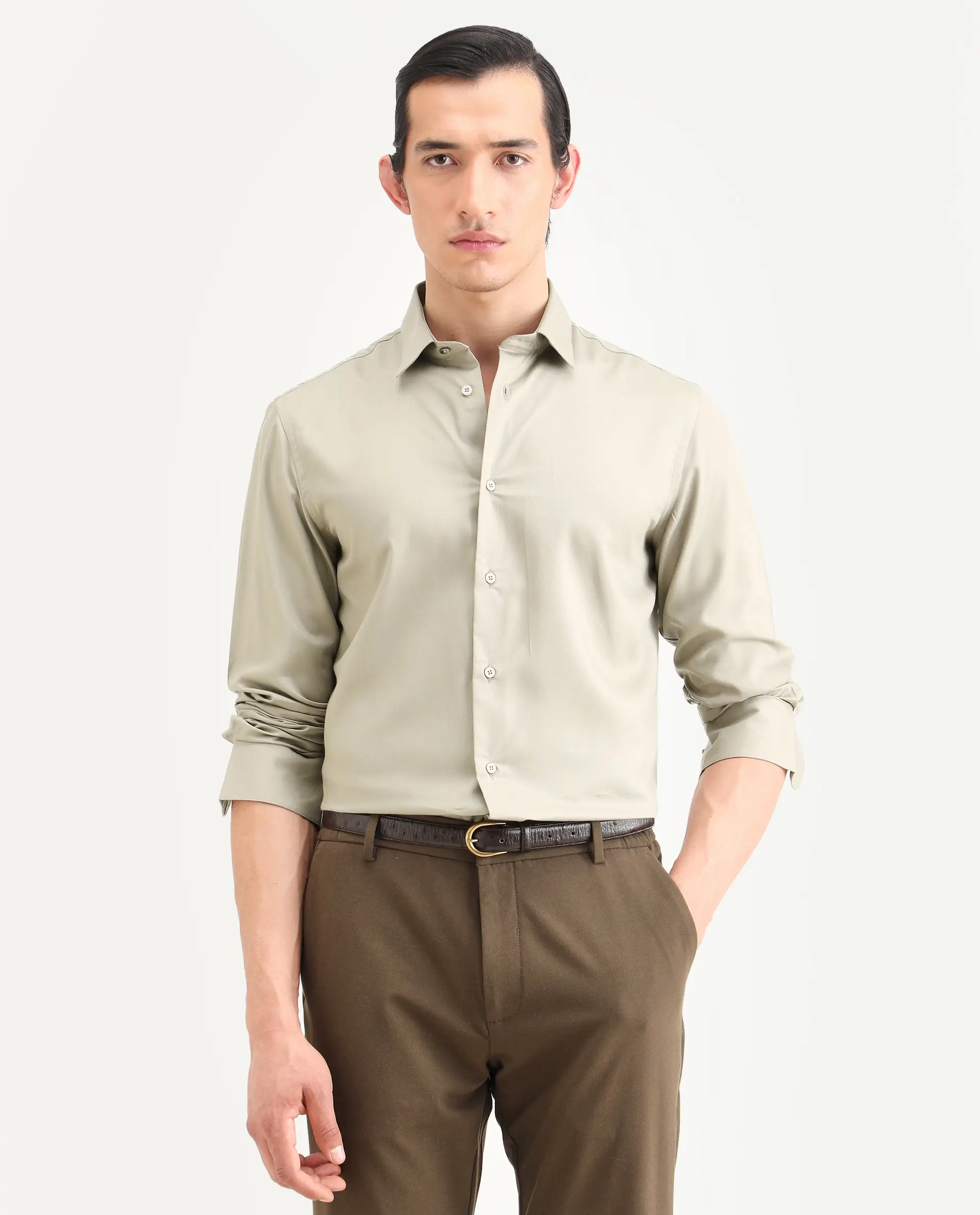 Rare Rabbit Men's Essonn Khaki Cotton Blend Fabric Full Sleeve Spread Collar Regular Fit Plain Shirt - Image 4