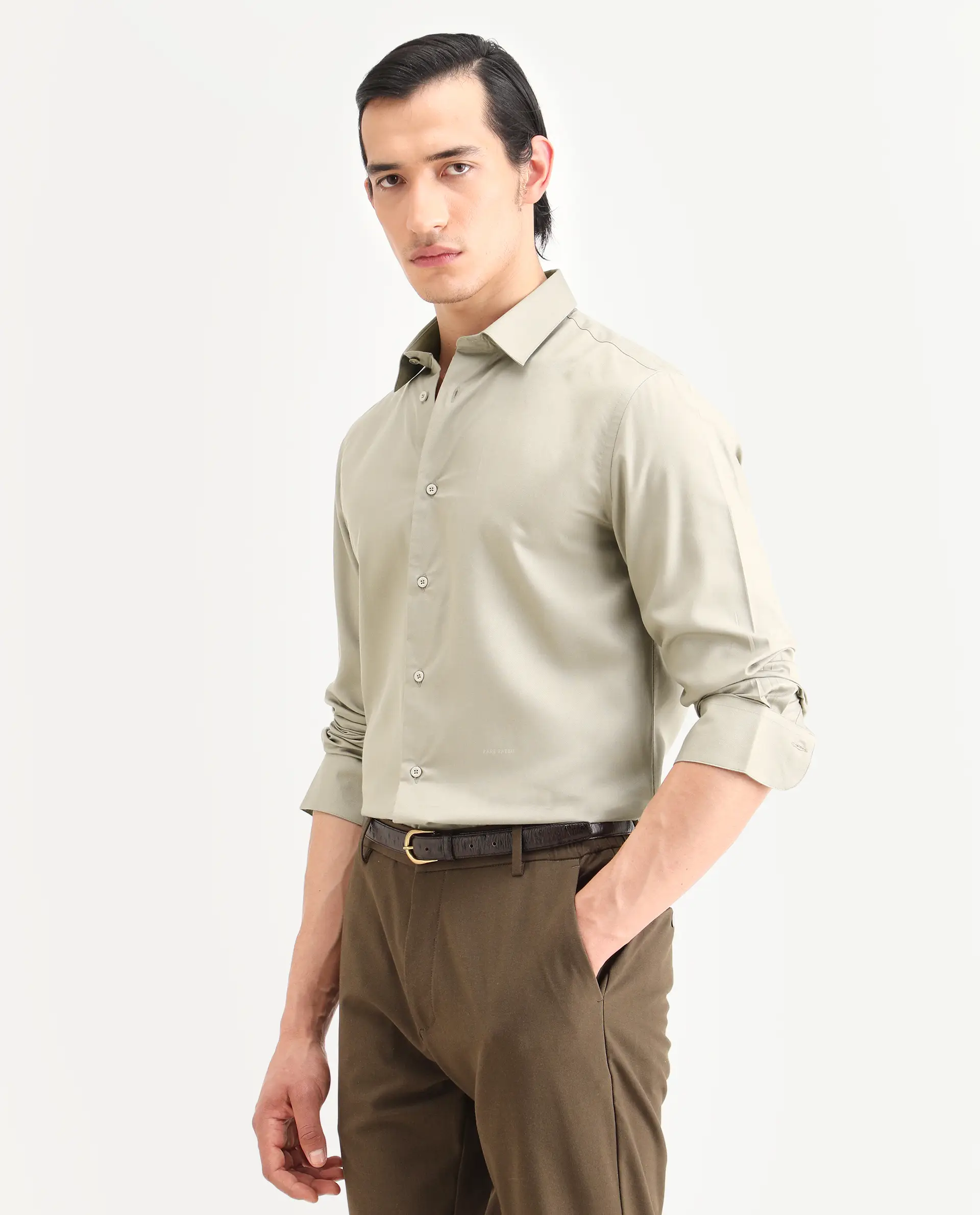 Rare Rabbit Men's Essonn Khaki Cotton Blend Fabric Full Sleeve Spread Collar Regular Fit Plain Shirt - Image 5