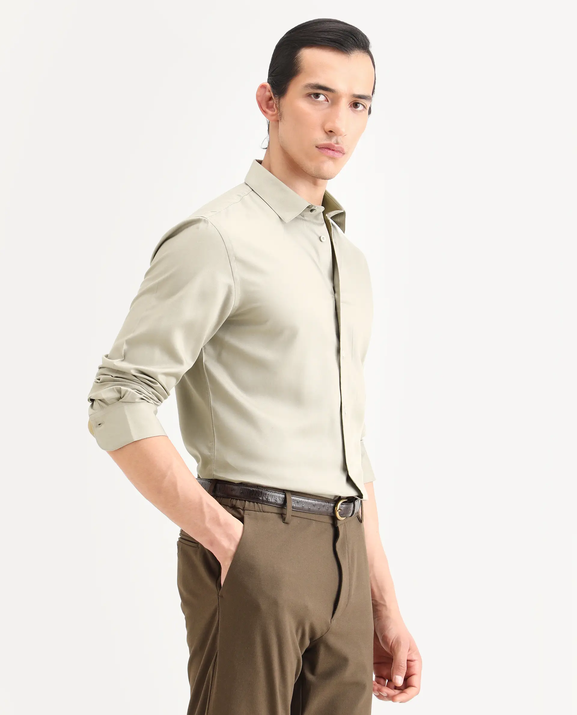 Rare Rabbit Men's Essonn Khaki Cotton Blend Fabric Full Sleeve Spread Collar Regular Fit Plain Shirt - Image 6