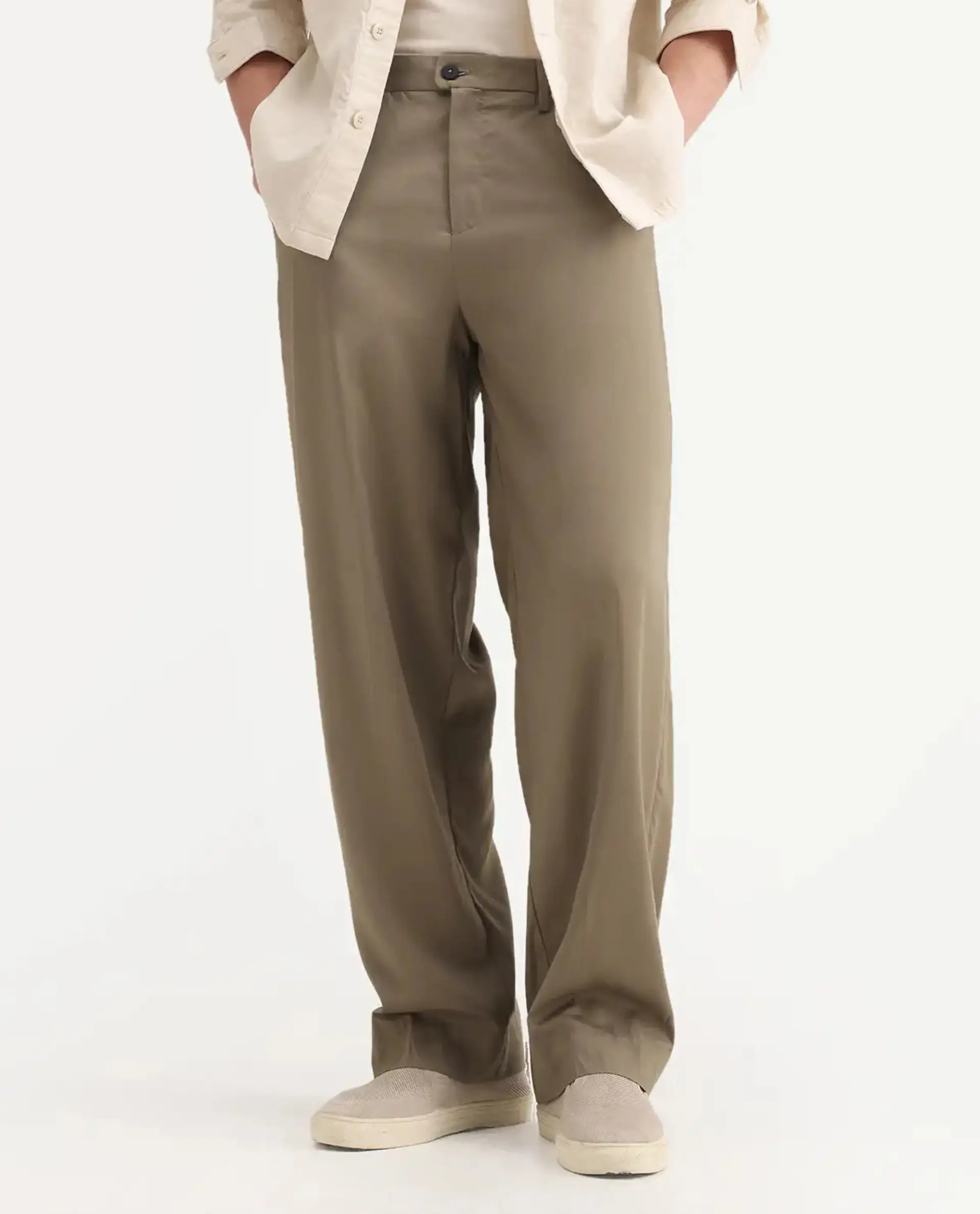 Rare Rabbit Men's Essot Khaki Viscose Blend Plain Baggy Fit Trouser - Image 10