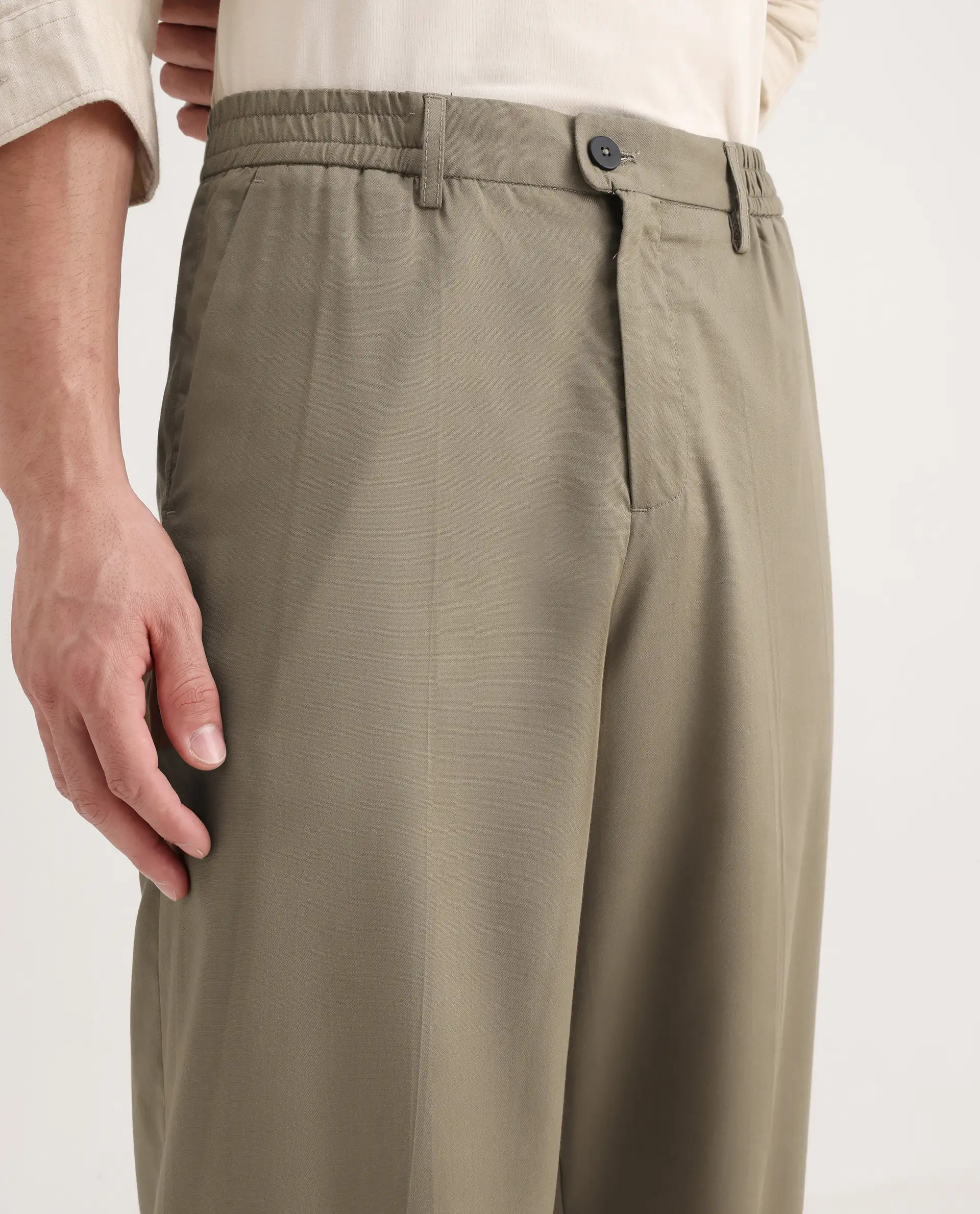 Rare Rabbit Men's Essot Khaki Viscose Blend Plain Baggy Fit Trouser - Image 4