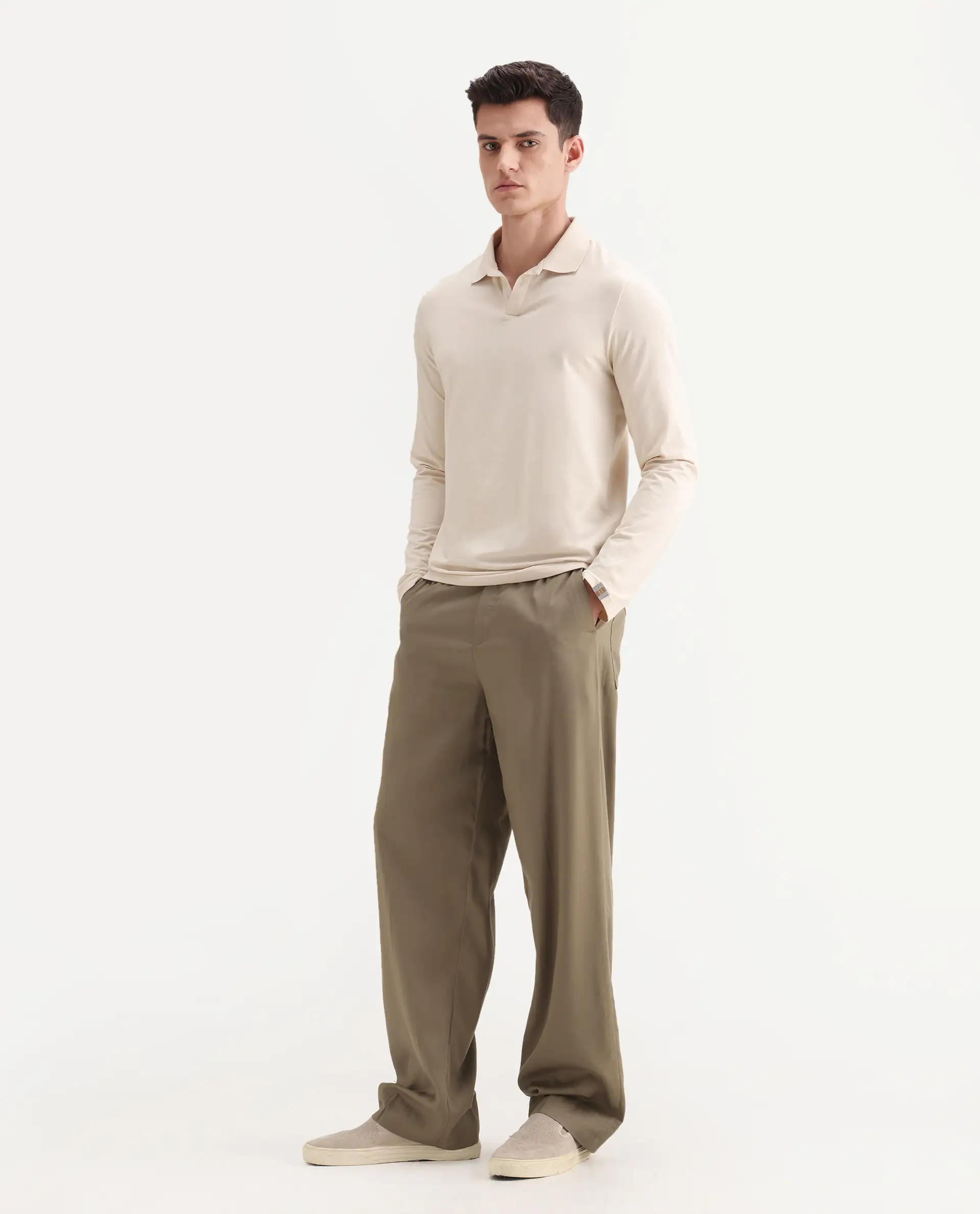 Rare Rabbit Men's Essot Khaki Viscose Blend Plain Baggy Fit Trouser - Image 5