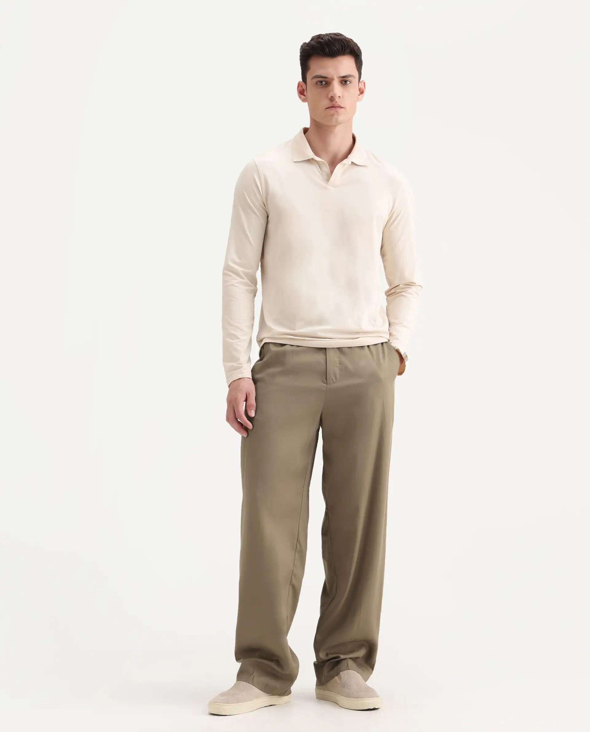Rare Rabbit Men's Essot Khaki Viscose Blend Plain Baggy Fit Trouser - Image 7
