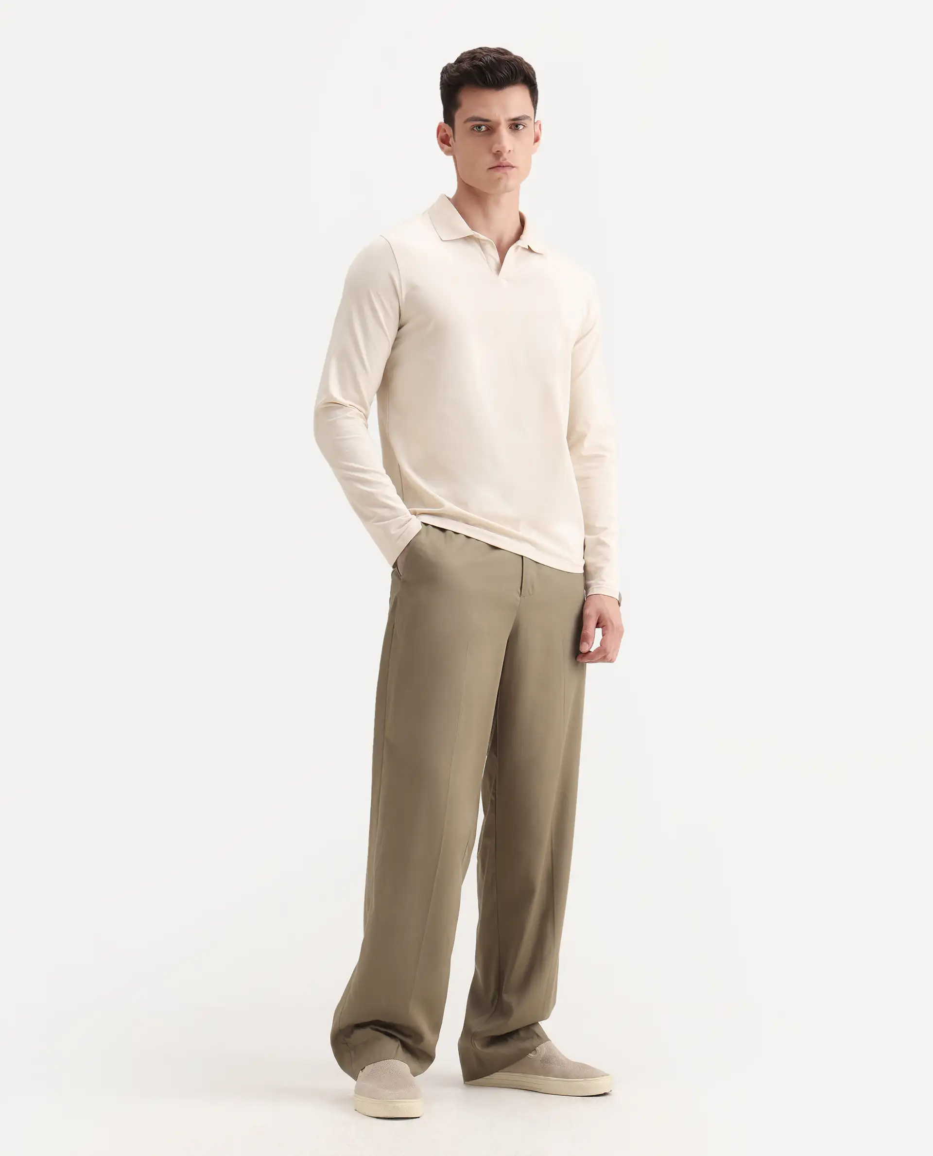 Rare Rabbit Men's Essot Khaki Viscose Blend Plain Baggy Fit Trouser - Image 8