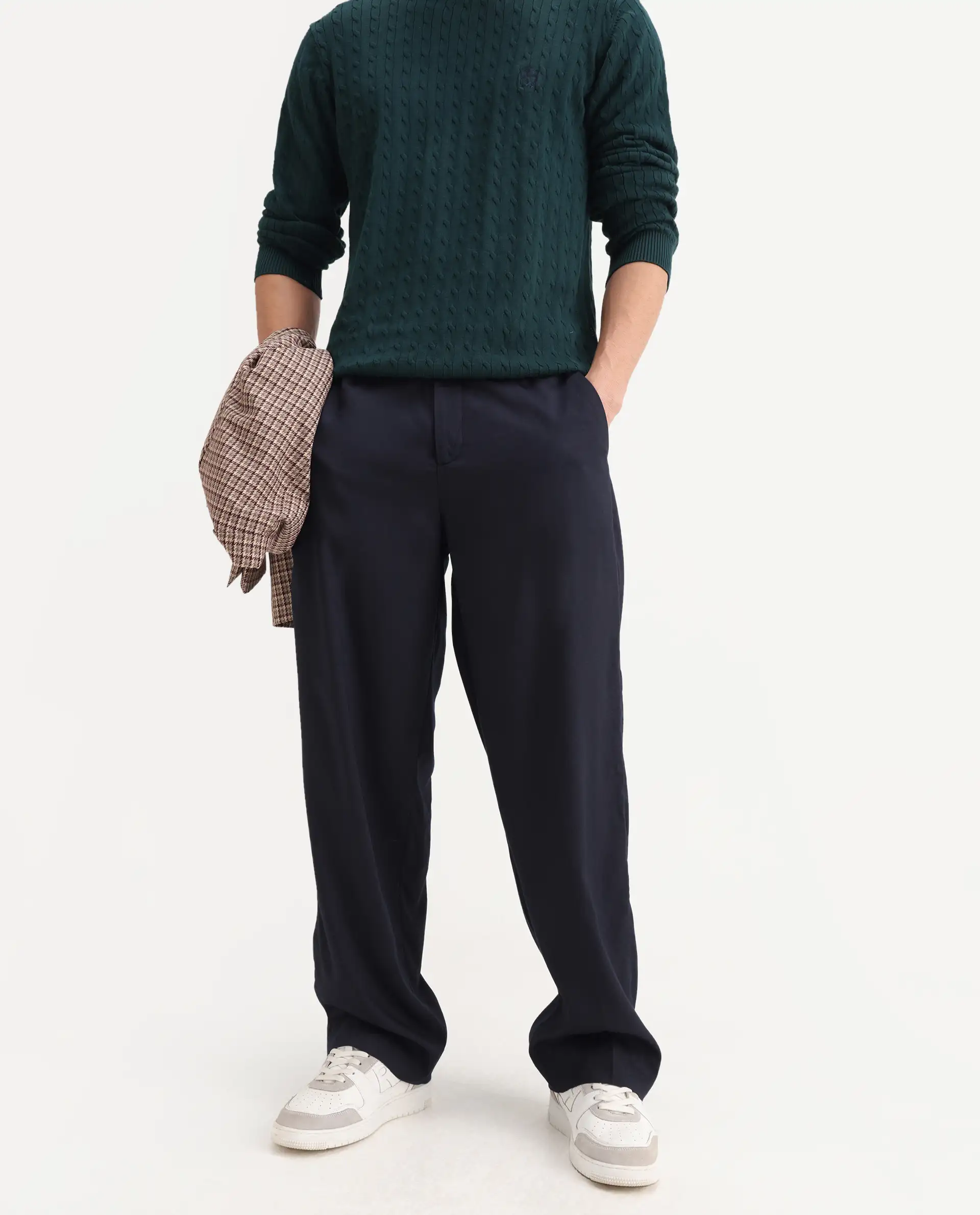 Rare Rabbit Men's Essot Navy Viscose Blend Plain Baggy Fit Trouser - Image 2