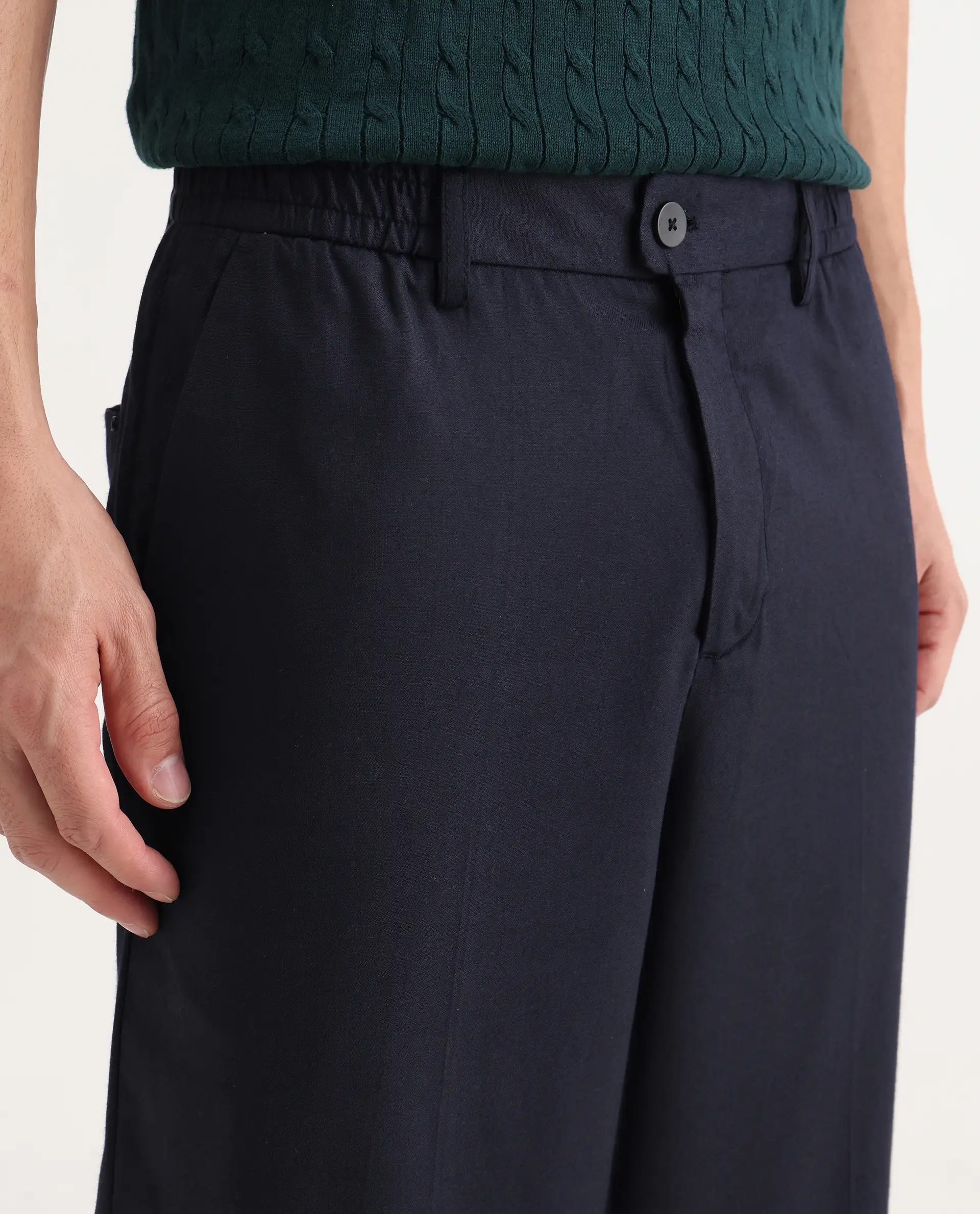 Rare Rabbit Men's Essot Navy Viscose Blend Plain Baggy Fit Trouser - Image 3