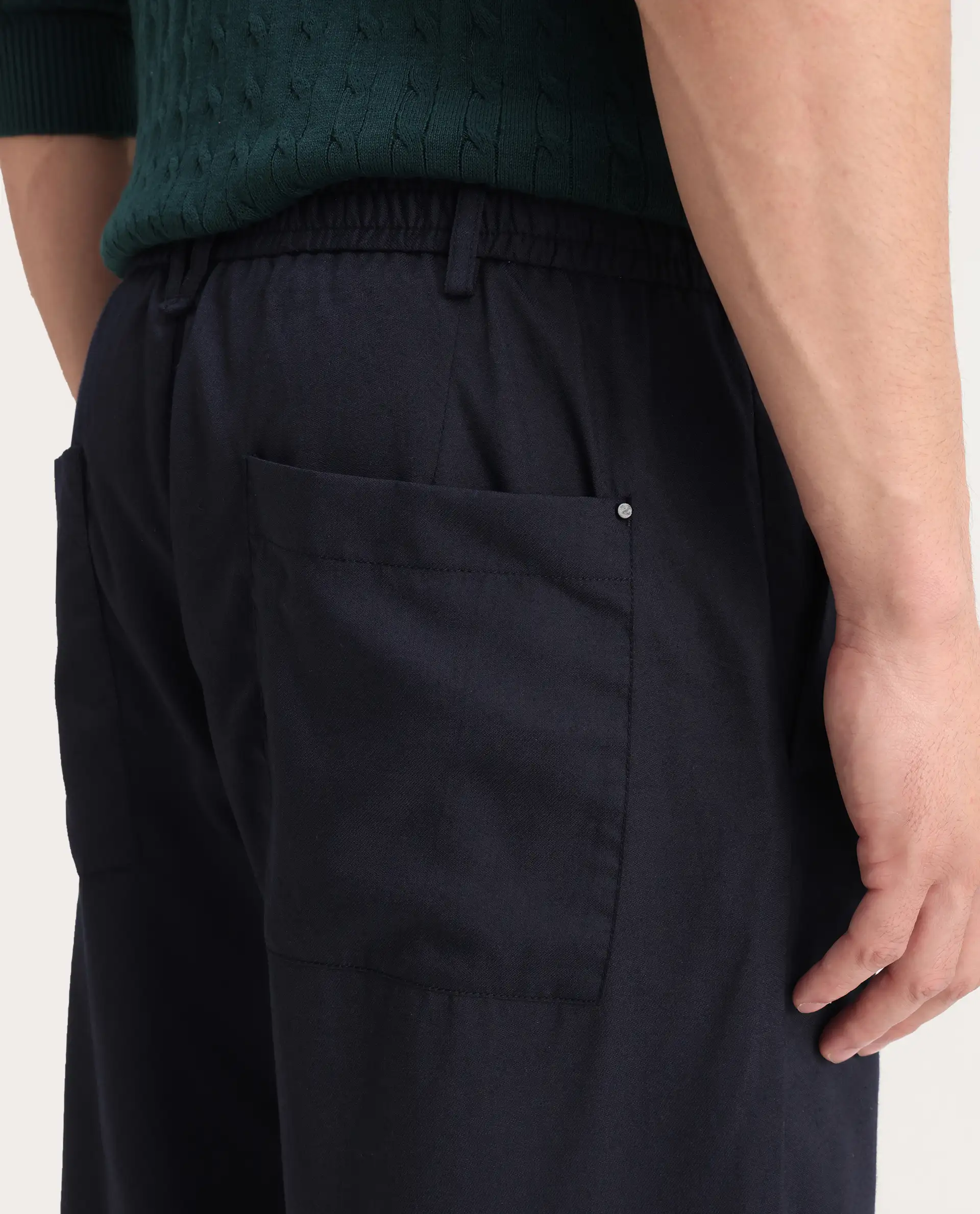 Rare Rabbit Men's Essot Navy Viscose Blend Plain Baggy Fit Trouser - Image 5