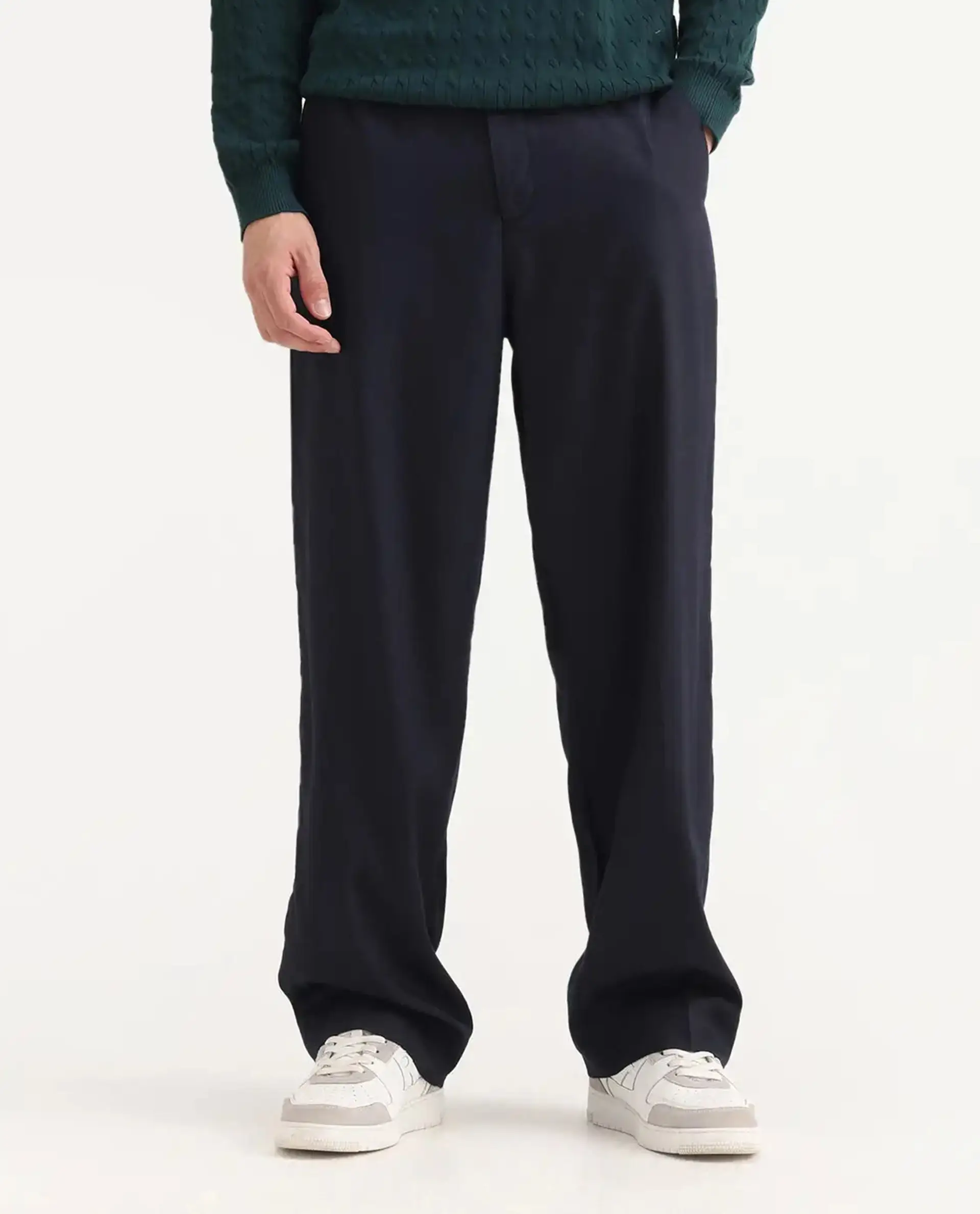 Rare Rabbit Men's Essot Navy Viscose Blend Plain Baggy Fit Trouser - Image 9