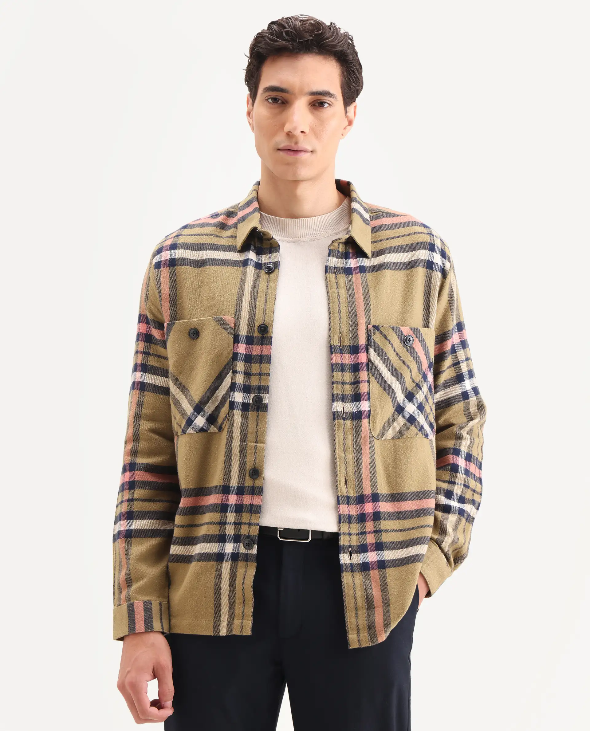 Rare Rabbit Men's Estro Light Green Cotton Checked Print Relaxed Fit Full Sleeve Collared Shacket - Image 3