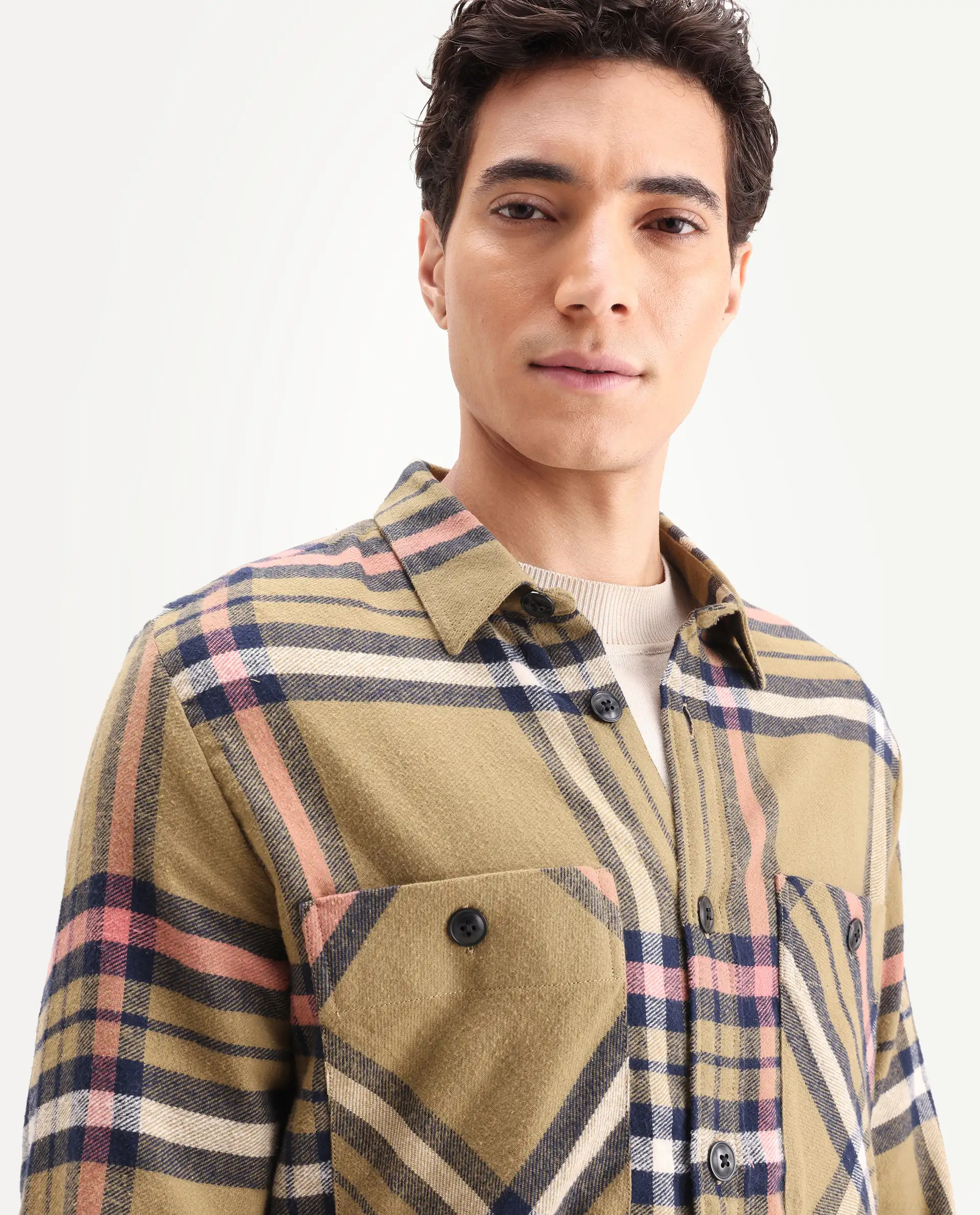 Rare Rabbit Men's Estro Light Green Cotton Checked Print Relaxed Fit Full Sleeve Collared Shacket - Image 4