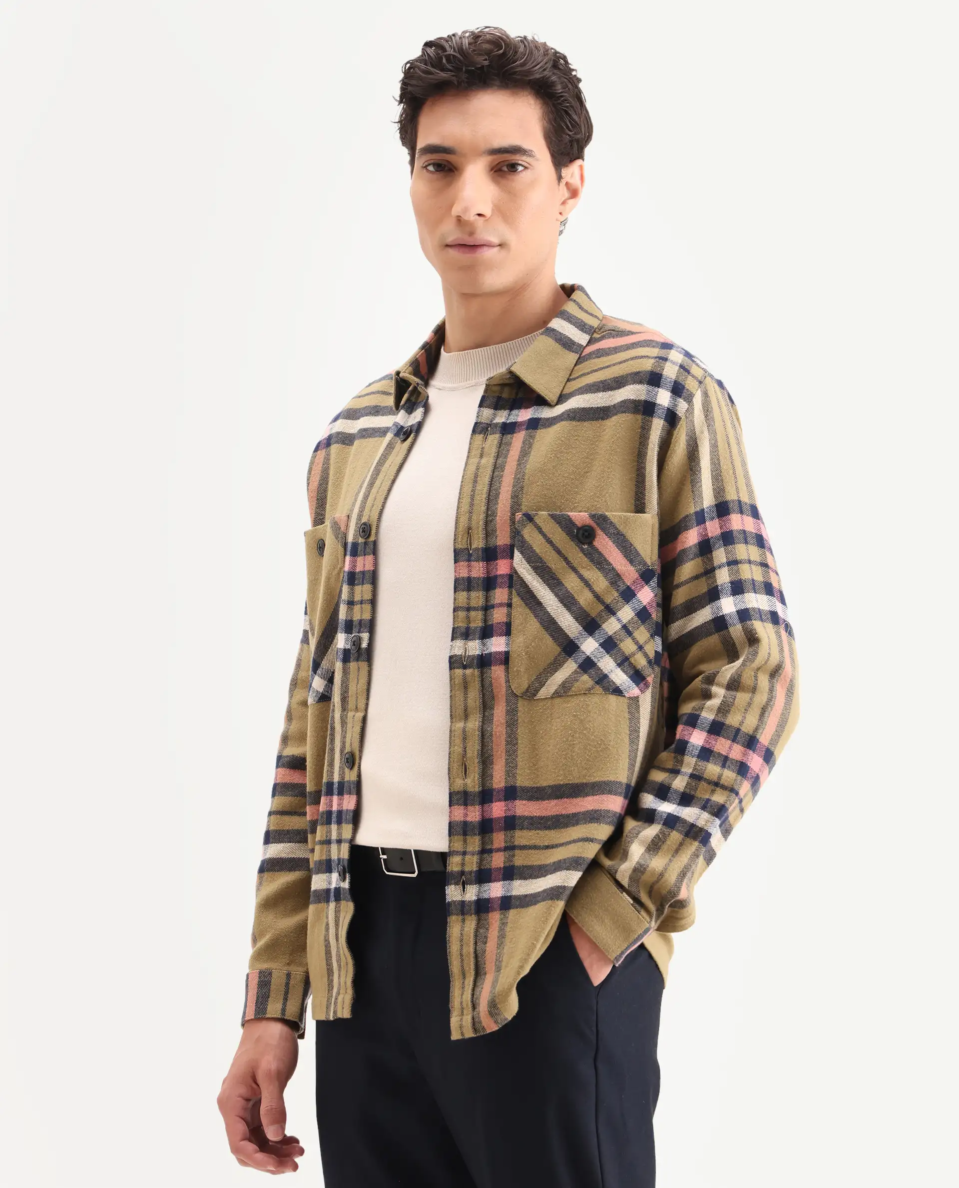 Rare Rabbit Men's Estro Light Green Cotton Checked Print Relaxed Fit Full Sleeve Collared Shacket - Image 5