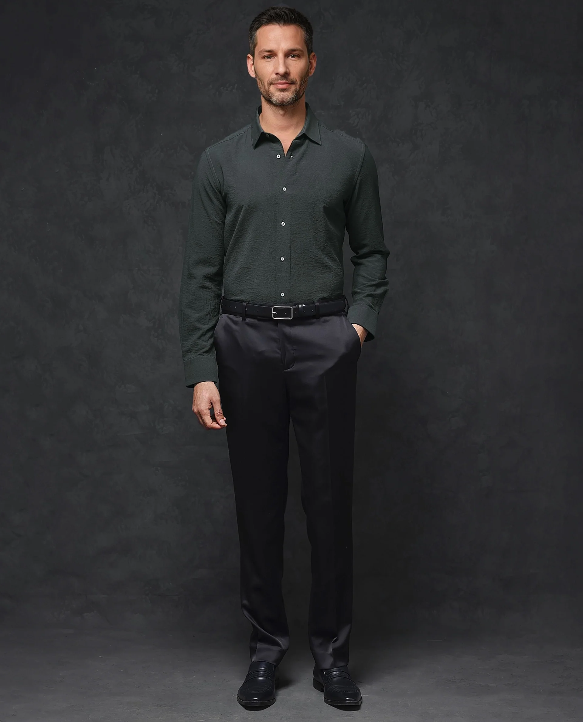 Rare Rabbit Men's Esty Dark Green Viscose Plain Regular Fit Full Sleeve Collared Shirt - Image 2