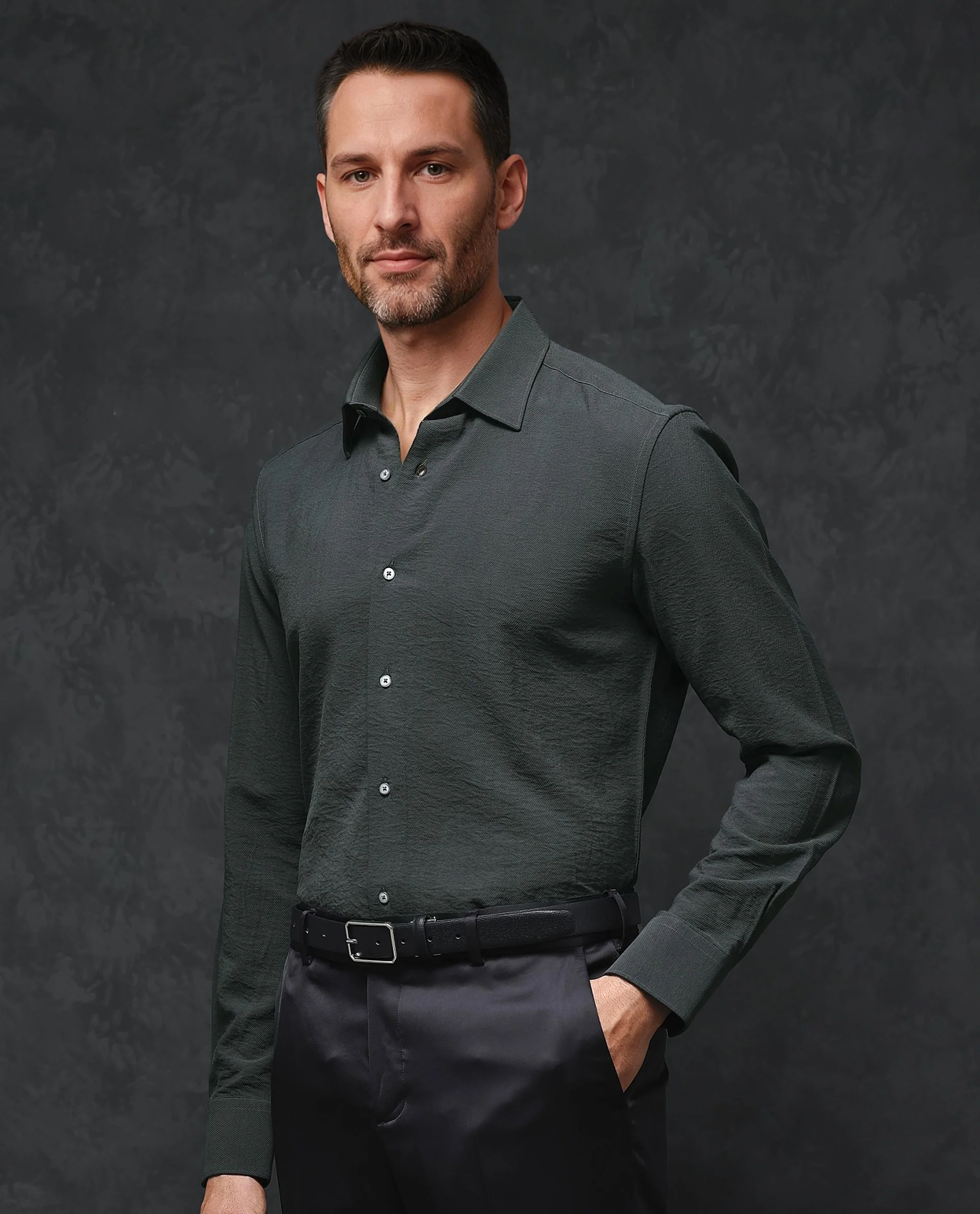 Rare Rabbit Men's Esty Dark Green Viscose Plain Regular Fit Full Sleeve Collared Shirt - Image 5
