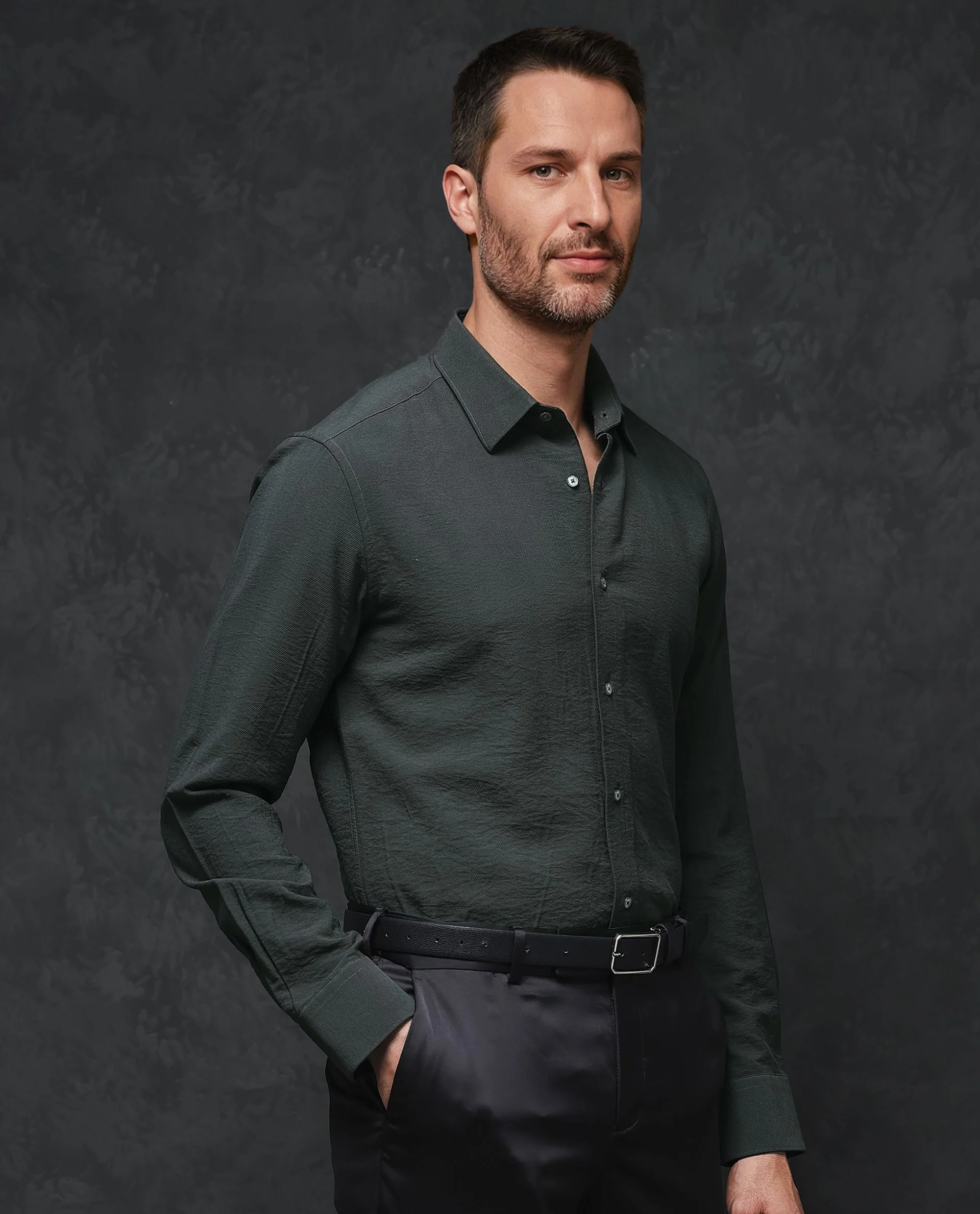 Rare Rabbit Men's Esty Dark Green Viscose Plain Regular Fit Full Sleeve Collared Shirt - Image 6