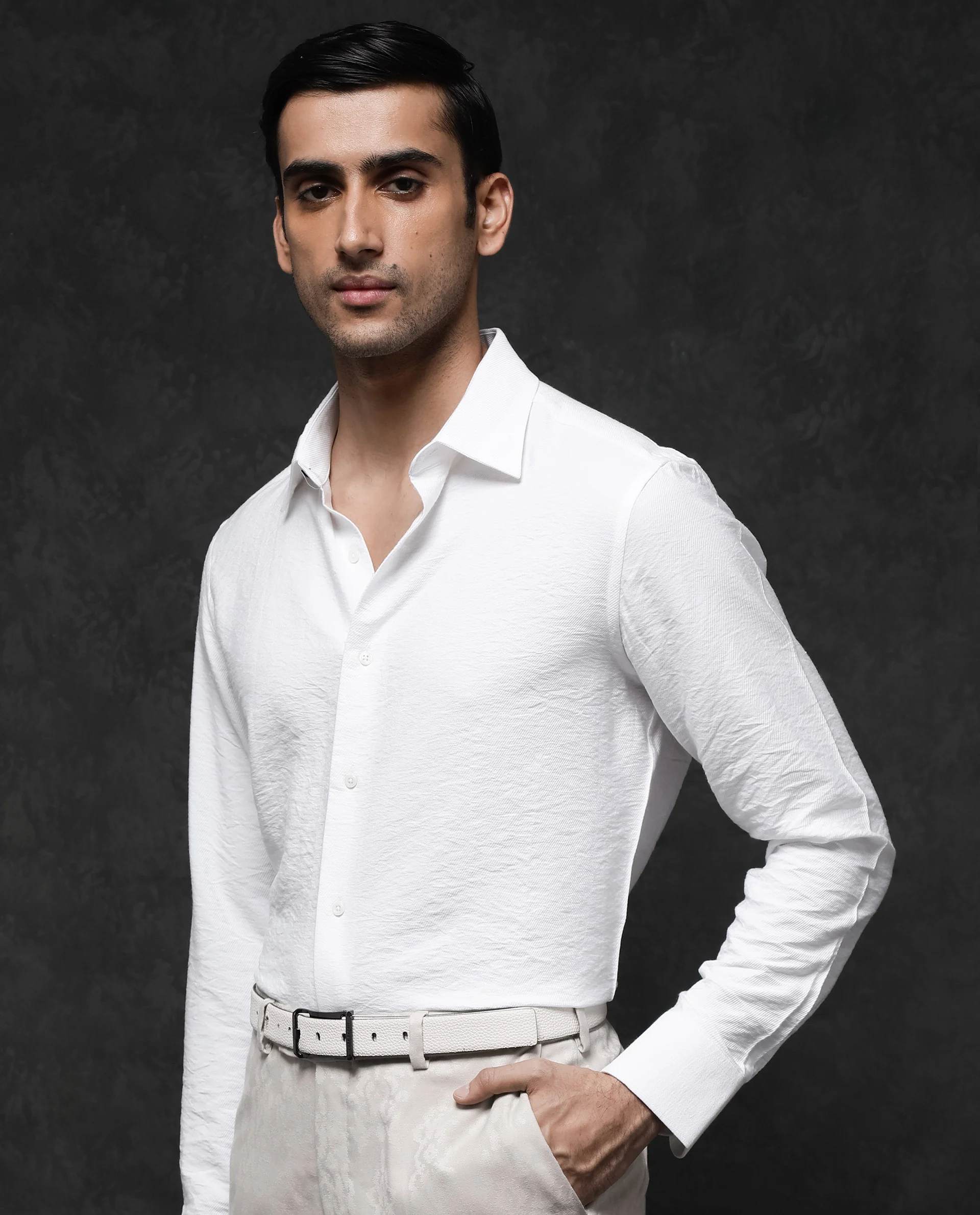 Rare Rabbit Men's Esty White Viscose Textured Regular Fit Full Sleeve Collared Shirt - Image 3