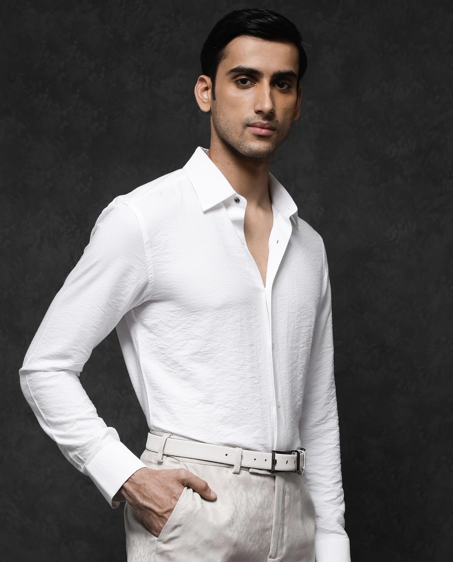 Rare Rabbit Men's Esty White Viscose Textured Regular Fit Full Sleeve Collared Shirt - Image 7