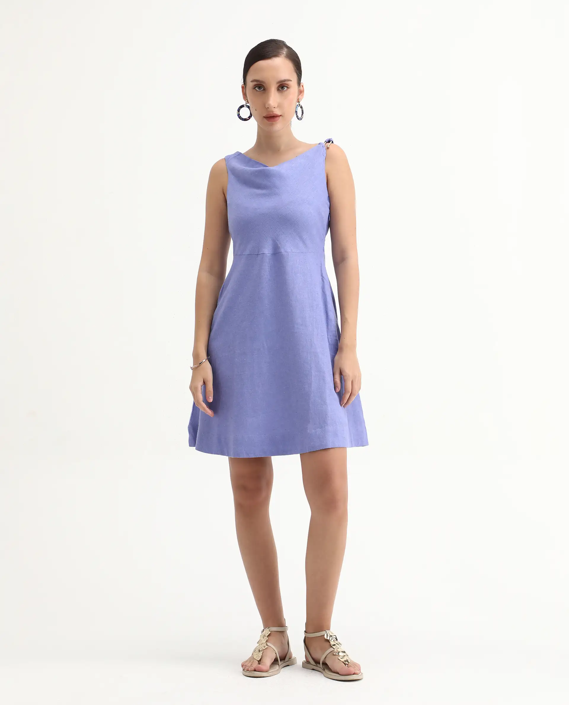 Rareism Women's Eswati Lilac Linen Cowl Neck Plain Sleeveless Knee Length Flared Dress - Image 2